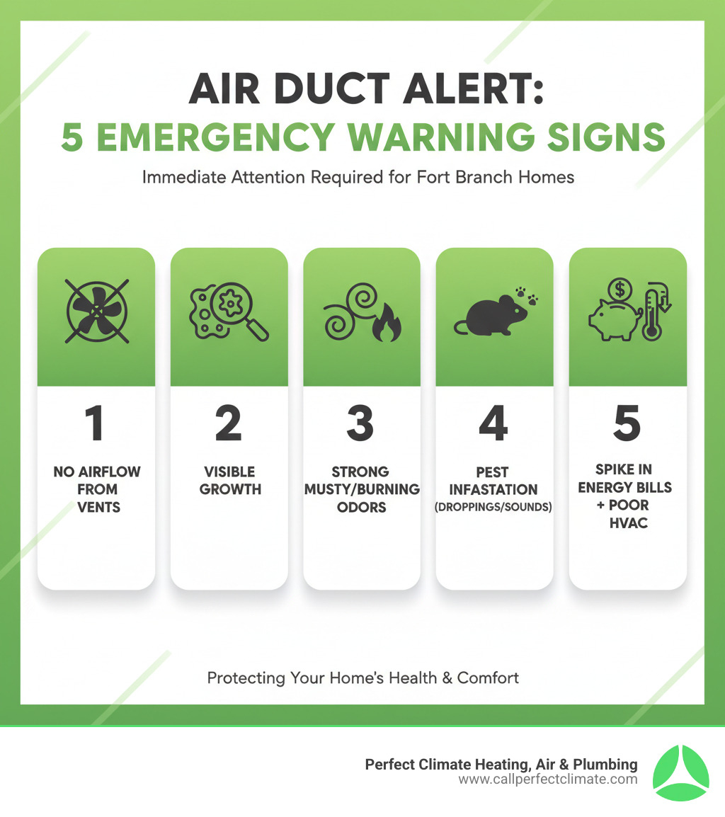 infographic showing five critical warning signs requiring immediate air duct attention: 1) Complete loss of airflow from vents, 2) Visible mold growth around ductwork or vents, 3) Strong persistent musty or burning odors, 4) Evidence of pest infestation like droppings or scratching sounds, 5) Sudden unexplained spike in energy bills combined with poor HVAC performance - 24/7 air duct cleaning repair in fort branch in infographic 