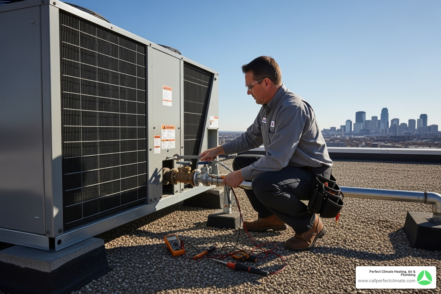 A technician servicing a commercial HVAC unit on a rooftop, checking components and making adjustments. - commercial hvac maintenance in chandler in A technician servicing a commercial HVAC unit on a rooftop, checking components and making adjustments. - commercial hvac maintenance in chandler in