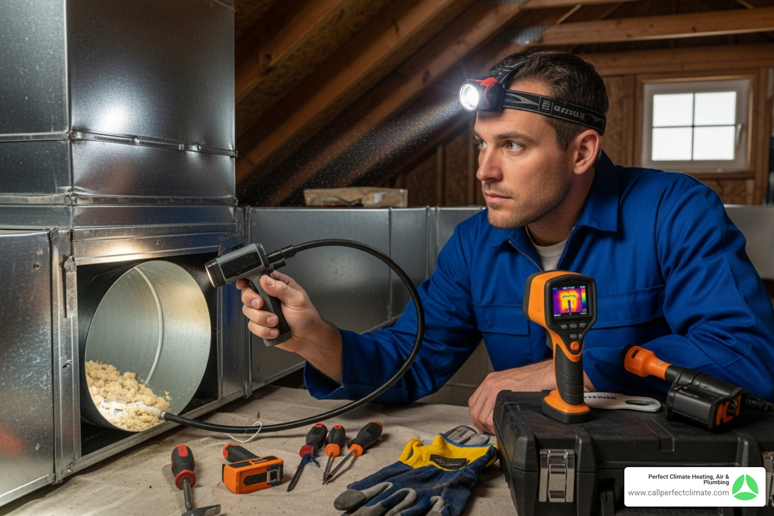 professional technician inspecting ductwork with specialized tools - 24/7 air duct cleaning repair in fort branch in