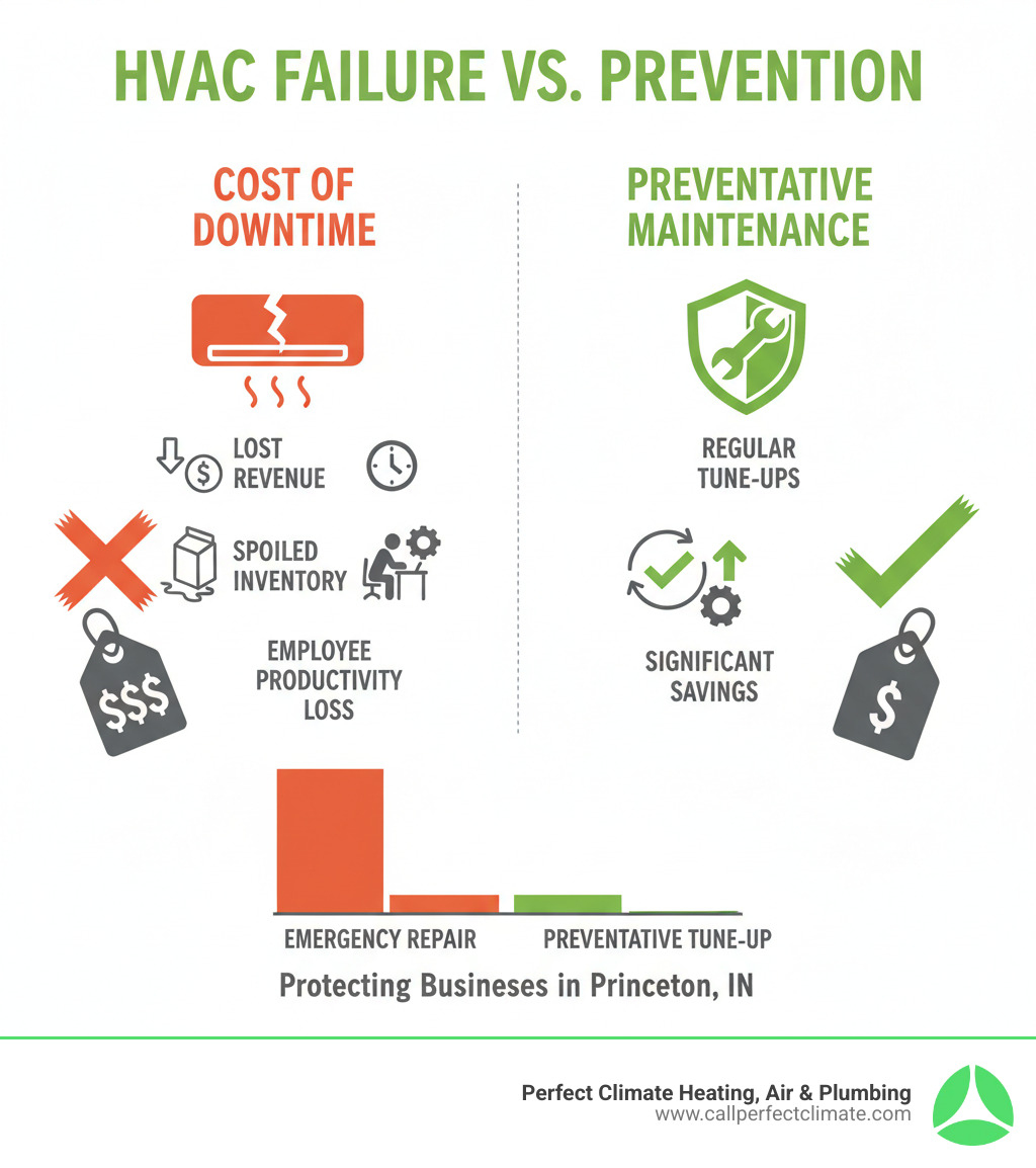 infographic showing the cost comparison between business downtime from an HVAC failure (lost revenue, spoiled inventory, employee productivity loss) versus the significantly lower cost of a preventative maintenance plan with regular tune-ups - 24 hour commercial hvac service in princeton in infographic infographic showing the cost comparison between business downtime from an HVAC failure (lost revenue, spoiled inventory, employee productivity loss) versus the significantly lower cost of a preventative maintenance plan with regular tune-ups - 24 hour commercial hvac service in princeton in infographic
