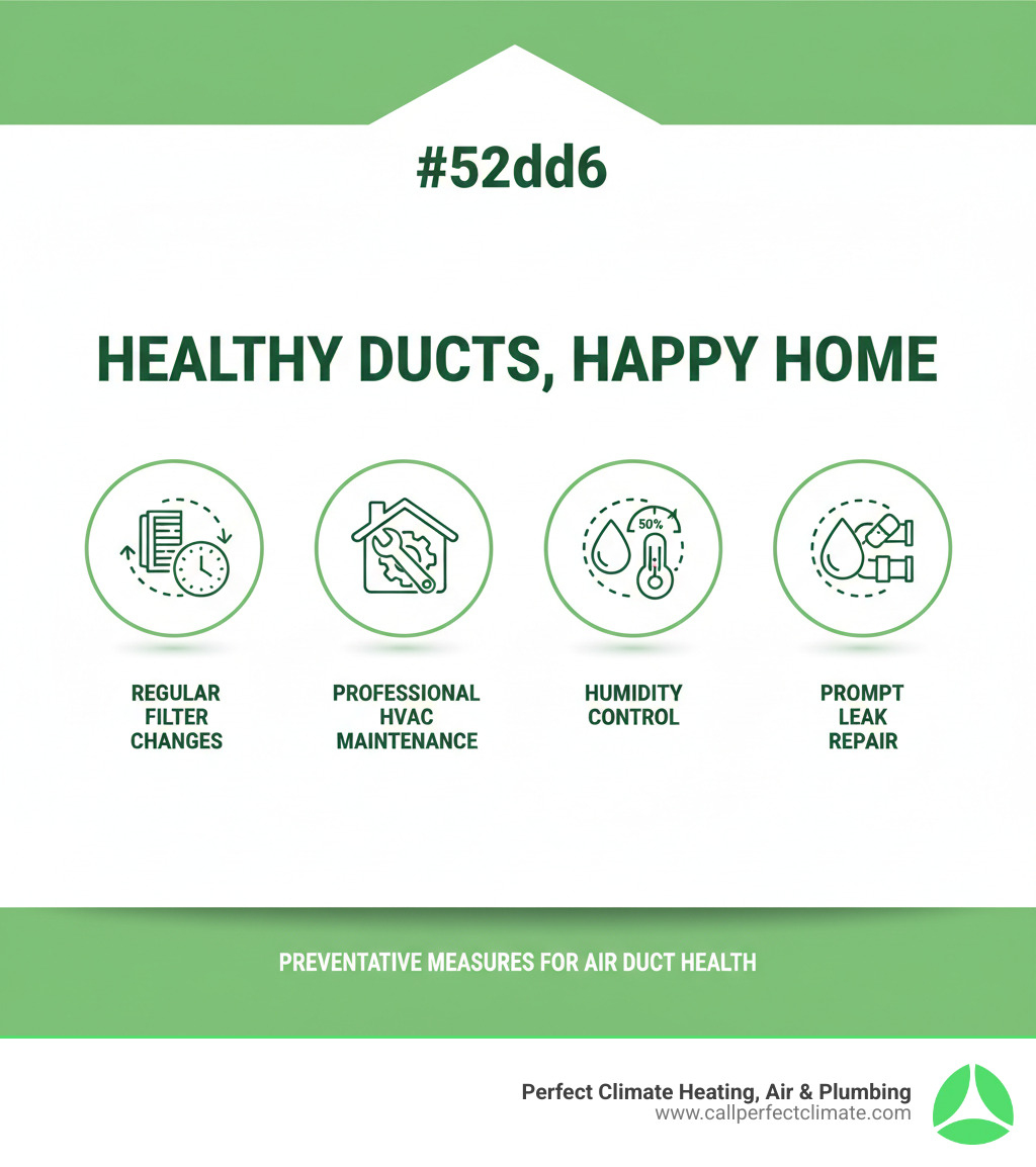 infographic showing preventative measures for air duct health, including regular filter changes, professional HVAC maintenance, humidity control, and prompt leak repair - 24 hour air duct cleaning service in owensville in infographic  infographic showing preventative measures for air duct health, including regular filter changes, professional HVAC maintenance, humidity control, and prompt leak repair - 24 hour air duct cleaning service in owensville in infographic
