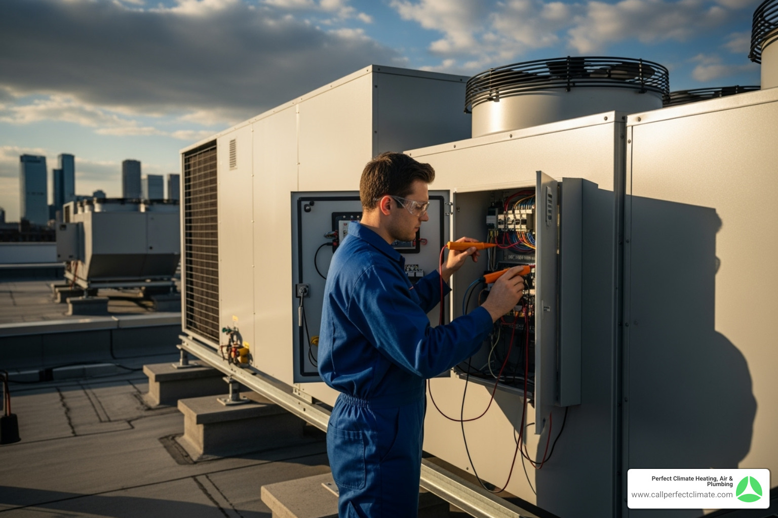 a technician inspecting a commercial HVAC unit's control panel - 24 hour commercial hvac service in princeton in a technician inspecting a commercial HVAC unit's control panel - 24 hour commercial hvac service in princeton in
