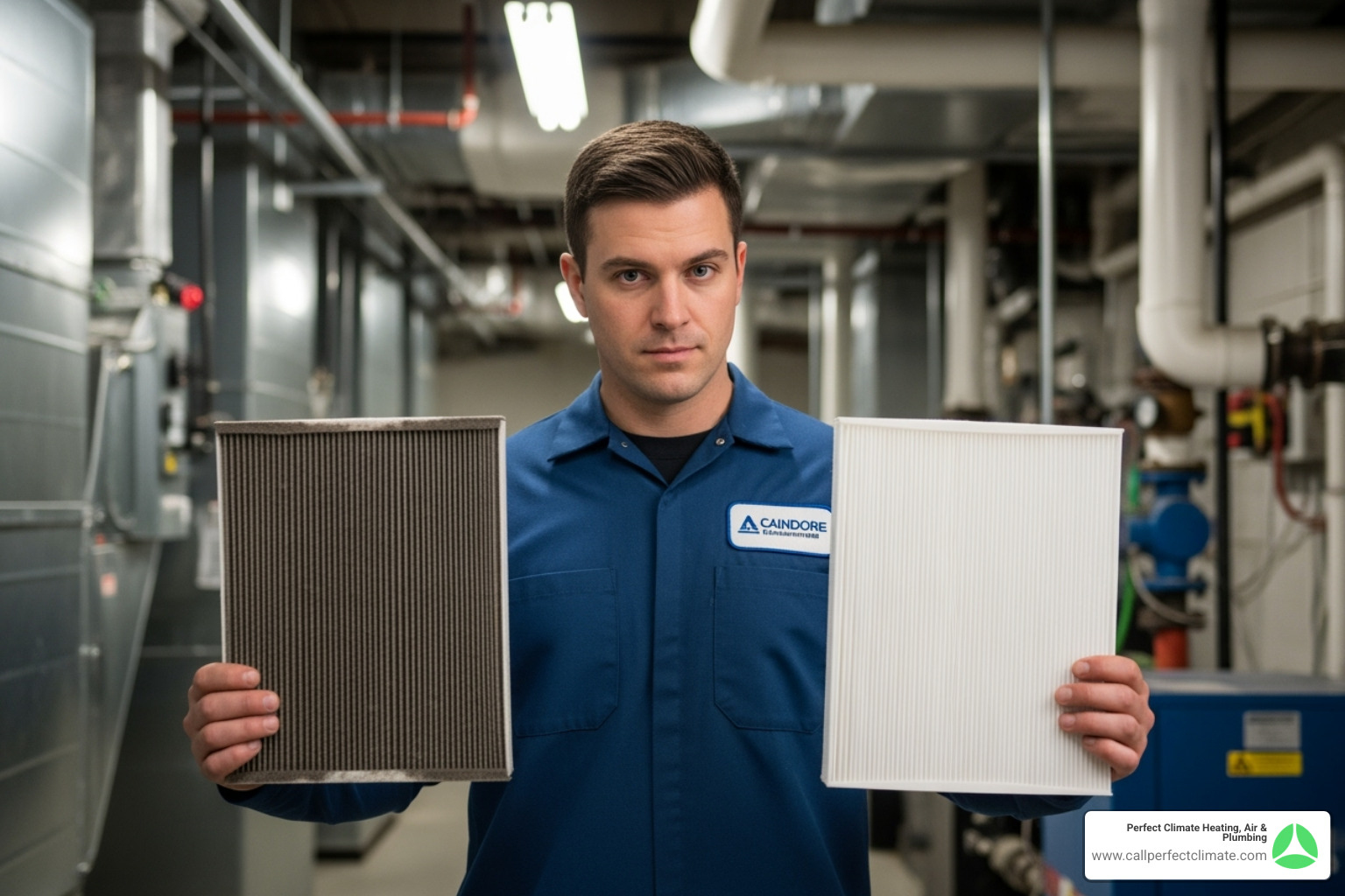 technician showing clean and dirty air filter - 24 hour commercial hvac service in haubstadt in technician showing clean and dirty air filter - 24 hour commercial hvac service in haubstadt in
