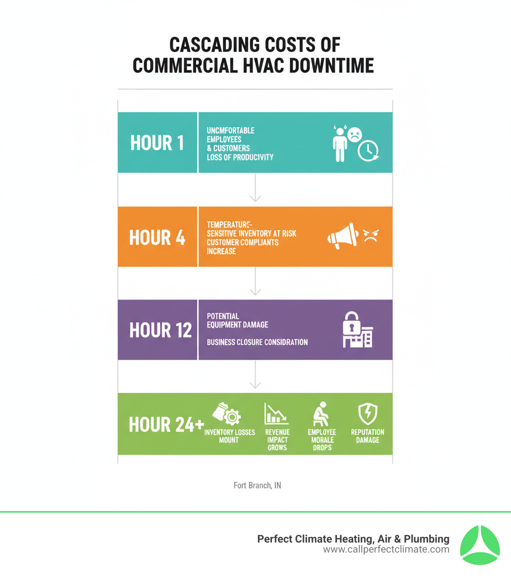Infographic showing the cascading costs of commercial HVAC downtime: Hour 1 - uncomfortable employees and customers, loss of productivity; Hour 4 - temperature-sensitive inventory at risk, customer complaints increase; Hour 12 - potential equipment damage, business closure consideration; Hour 24+ - inventory losses mount, revenue impact grows, employee morale drops, reputation damage - 24 hour commercial hvac service in fort branch in infographic Infographic showing the cascading costs of commercial HVAC downtime: Hour 1 - uncomfortable employees and customers, loss of productivity; Hour 4 - temperature-sensitive inventory at risk, customer complaints increase; Hour 12 - potential equipment damage, business closure consideration; Hour 24+ - inventory losses mount, revenue impact grows, employee morale drops, reputation damage - 24 hour commercial hvac service in fort branch in infographic