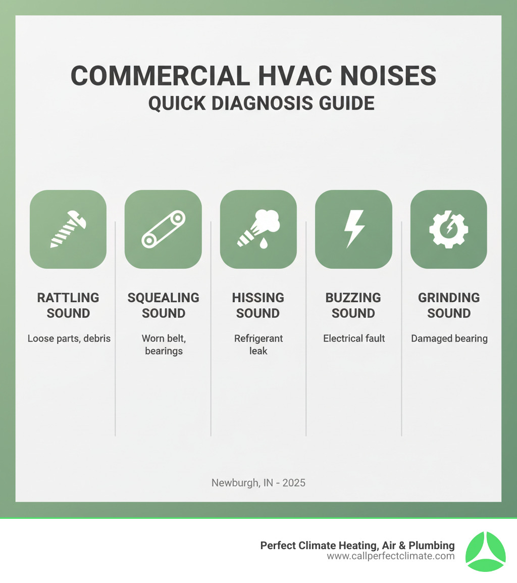 infographic showing 5 common commercial HVAC noises with icons: rattling sound with loose screw icon, squealing sound with worn belt icon, hissing sound with refrigerant leak icon, buzzing sound with electrical spark icon, and grinding sound with damaged bearing icon, each with brief cause description - commercial hvac making noise in newburgh in infographic infographic showing 5 common commercial HVAC noises with icons: rattling sound with loose screw icon, squealing sound with worn belt icon, hissing sound with refrigerant leak icon, buzzing sound with electrical spark icon, and grinding sound with damaged bearing icon, each with brief cause description - commercial hvac making noise in newburgh in infographic