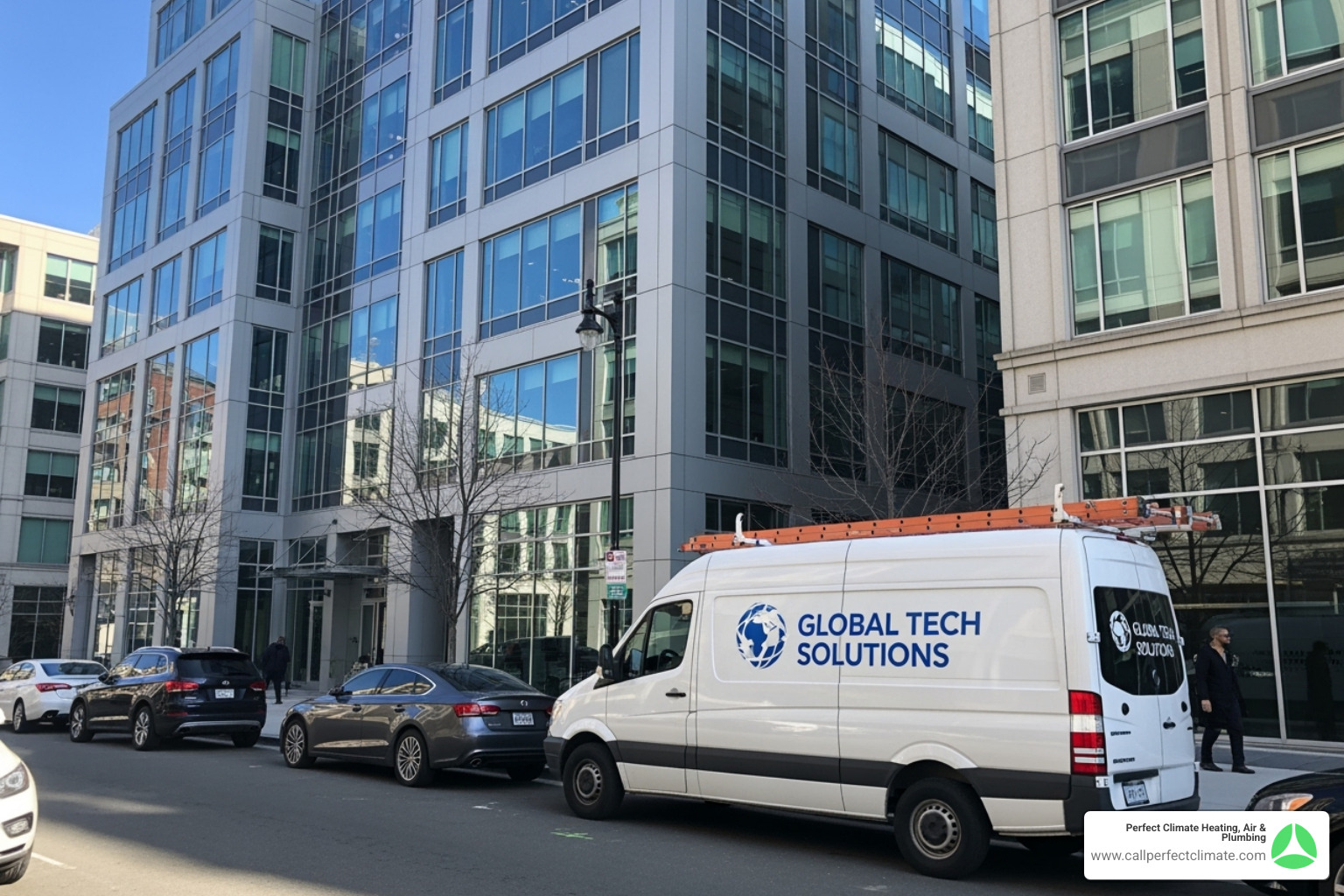 Service van with clear branding arriving at a commercial building - 24 hour commercial hvac service in fort branch in Service van with clear branding arriving at a commercial building - 24 hour commercial hvac service in fort branch in