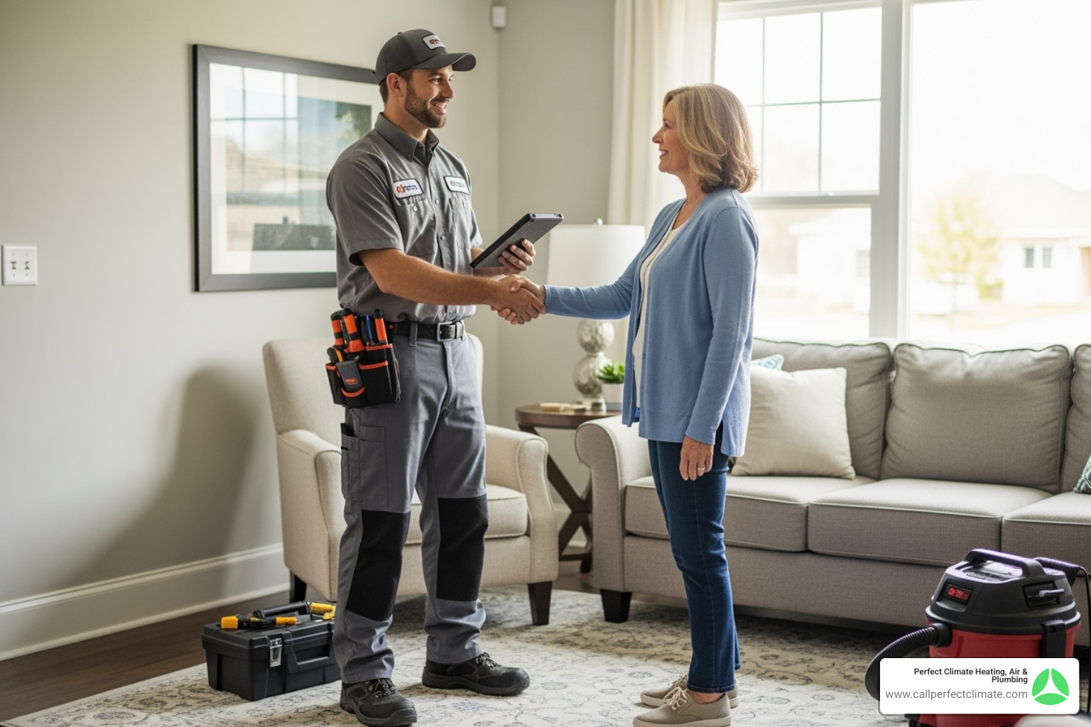 friendly technician shaking a homeowner's hand - air duct cleaning company near me in newburgh in
