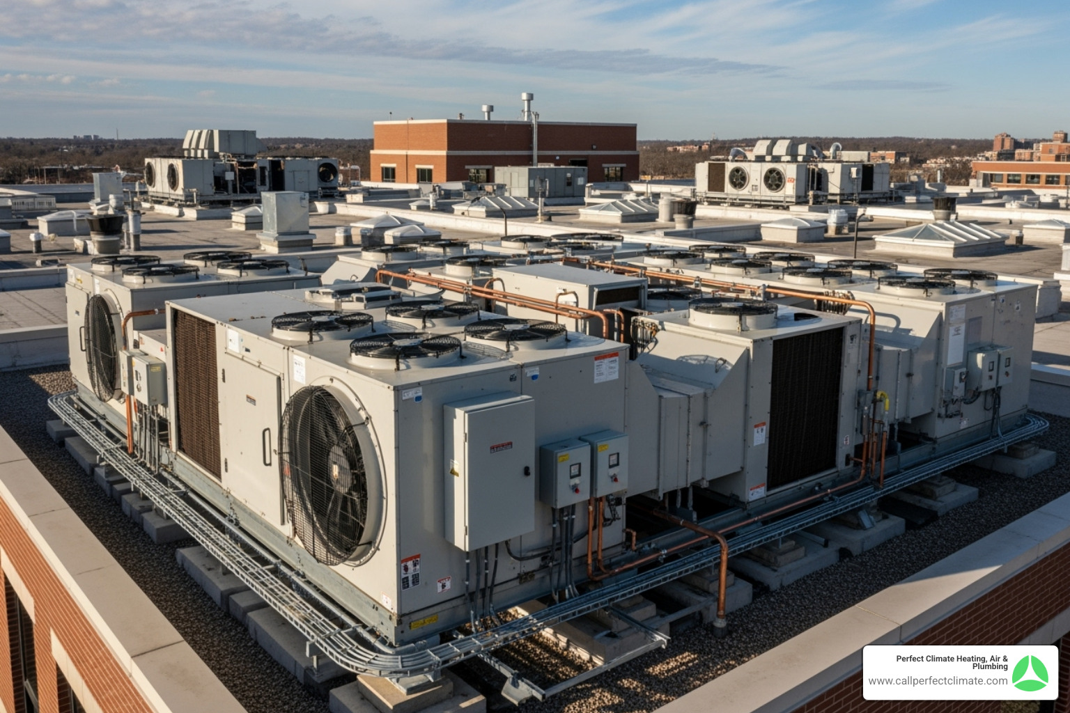 A large commercial rooftop HVAC unit on a building - commercial hvac service in poseyville in A large commercial rooftop HVAC unit on a building - commercial hvac service in poseyville in