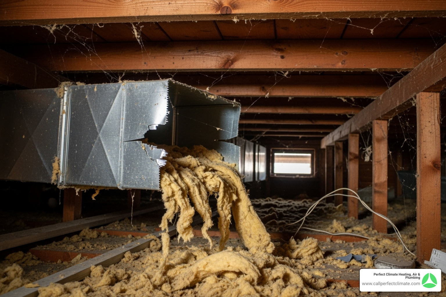 Damaged or disconnected air duct in an attic or crawlspace - 24/7 air duct cleaning repair in poseyville in