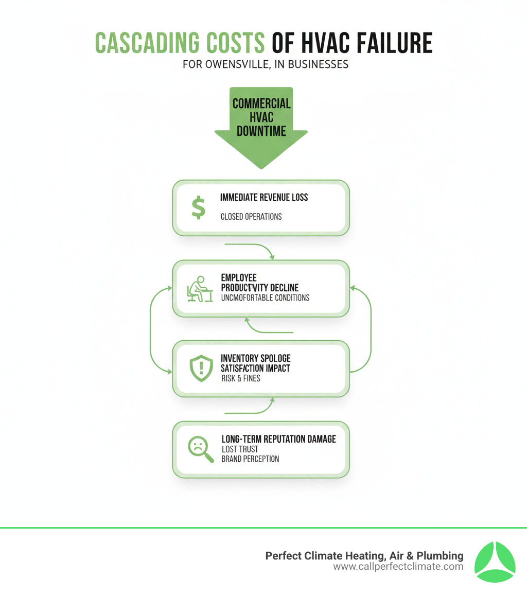 Infographic showing the cascading costs of commercial HVAC downtime: immediate revenue loss from closed operations, employee productivity decline in uncomfortable conditions, inventory spoilage for temperature-sensitive businesses, potential safety code violations, customer satisfaction impact, and long-term reputation damage - 24 hour commercial hvac service in owensville in infographic Infographic showing the cascading costs of commercial HVAC downtime: immediate revenue loss from closed operations, employee productivity decline in uncomfortable conditions, inventory spoilage for temperature-sensitive businesses, potential safety code violations, customer satisfaction impact, and long-term reputation damage - 24 hour commercial hvac service in owensville in infographic