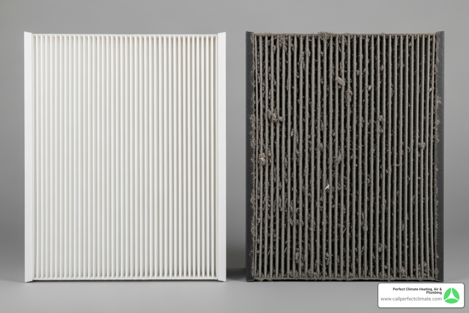 Comparison of a clean commercial HVAC filter to a dirty one - 24 hour commercial hvac service in owensville in Comparison of a clean commercial HVAC filter to a dirty one - 24 hour commercial hvac service in owensville in