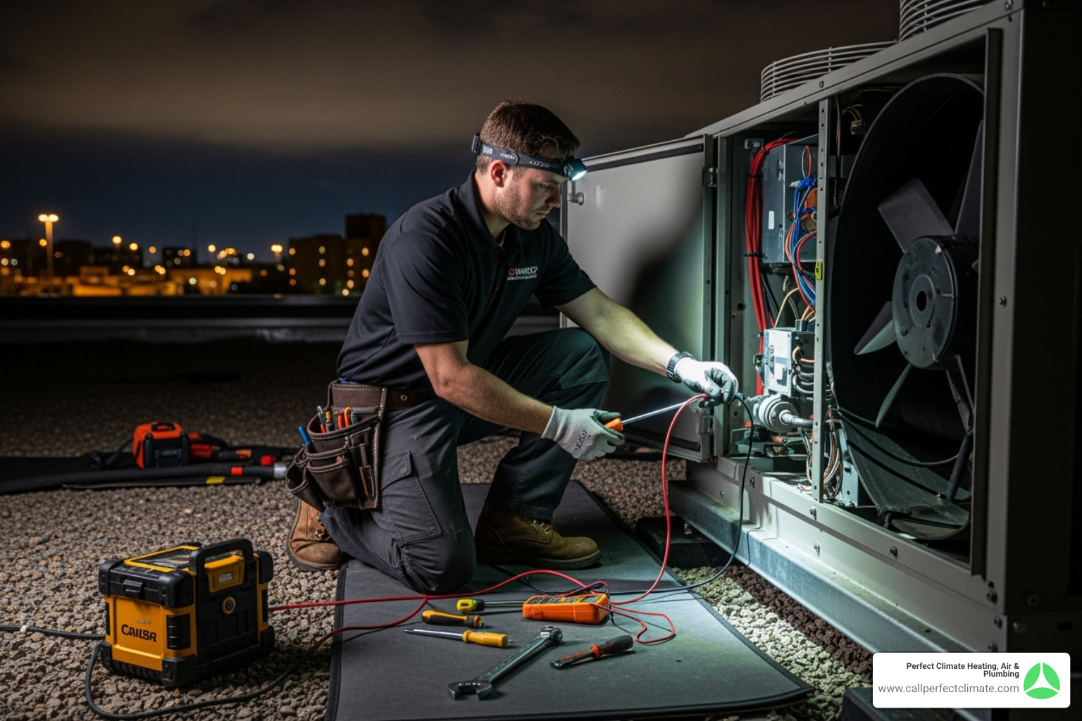 Technician working on a commercial HVAC unit at night - 24 hour commercial hvac service in owensville in Technician working on a commercial HVAC unit at night - 24 hour commercial hvac service in owensville in