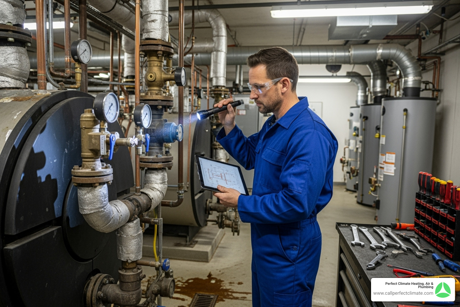 Technician inspecting a commercial boiler - 24 hour commercial hvac service in owensville in Technician inspecting a commercial boiler - 24 hour commercial hvac service in owensville in
