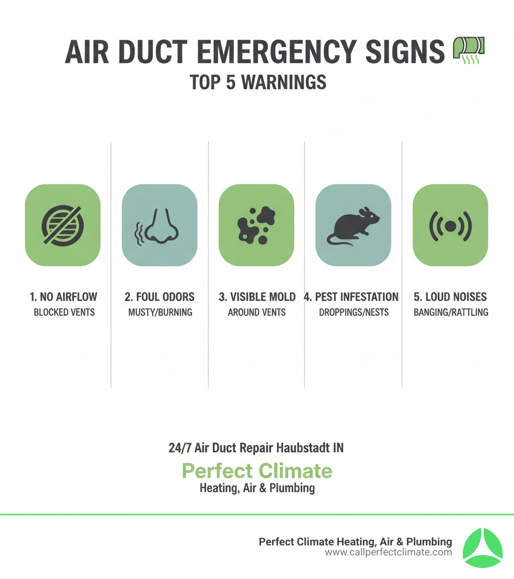 Infographic showing the top 5 signs of an air duct emergency: 1. No airflow from vents with a blocked vent icon, 2. Strong foul odors like musty or burning smells with a nose icon, 3. Visible mold growth around vents with a mold spot icon, 4. Evidence of pest infestation such as droppings or nests with a rodent icon, 5. Loud banging or rattling noises from ducts with a sound wave icon - 24/7 air duct cleaning repair in haubstadt in infographic  Infographic showing the top 5 signs of an air duct emergency: 1. No airflow from vents with a blocked vent icon, 2. Strong foul odors like musty or burning smells with a nose icon, 3. Visible mold growth around vents with a mold spot icon, 4. Evidence of pest infestation such as droppings or nests with a rodent icon, 5. Loud banging or rattling noises from ducts with a sound wave icon - 24/7 air duct cleaning repair in haubstadt in infographic