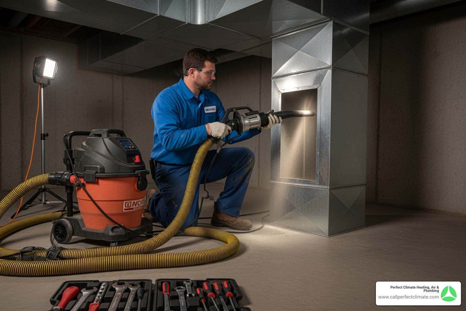Technician using a high-powered vacuum to clean an air duct system - 24/7 air duct cleaning repair in haubstadt in Technician using a high-powered vacuum to clean an air duct system - 24/7 air duct cleaning repair in haubstadt in