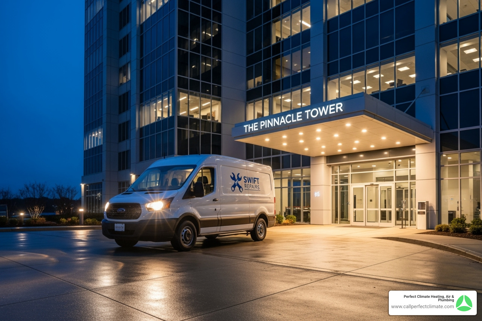 service van arriving at commercial building at night - 24/7 commercial hvac repair in boonville in service van arriving at commercial building at night - 24/7 commercial hvac repair in boonville in