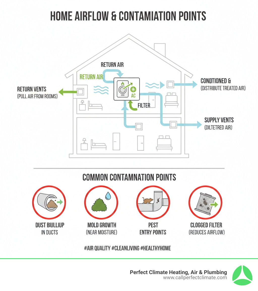 Infographic showing how air flows through a home's HVAC system, including return air vents pulling air from rooms, air traveling through ductwork to the furnace/AC unit, air being filtered and conditioned, supply ducts distributing treated air back to rooms, and common contamination points like dust buildup in ducts, mold growth near moisture, pest entry points, and filter locations - 24/7 air duct cleaning repair in boonville in infographic 