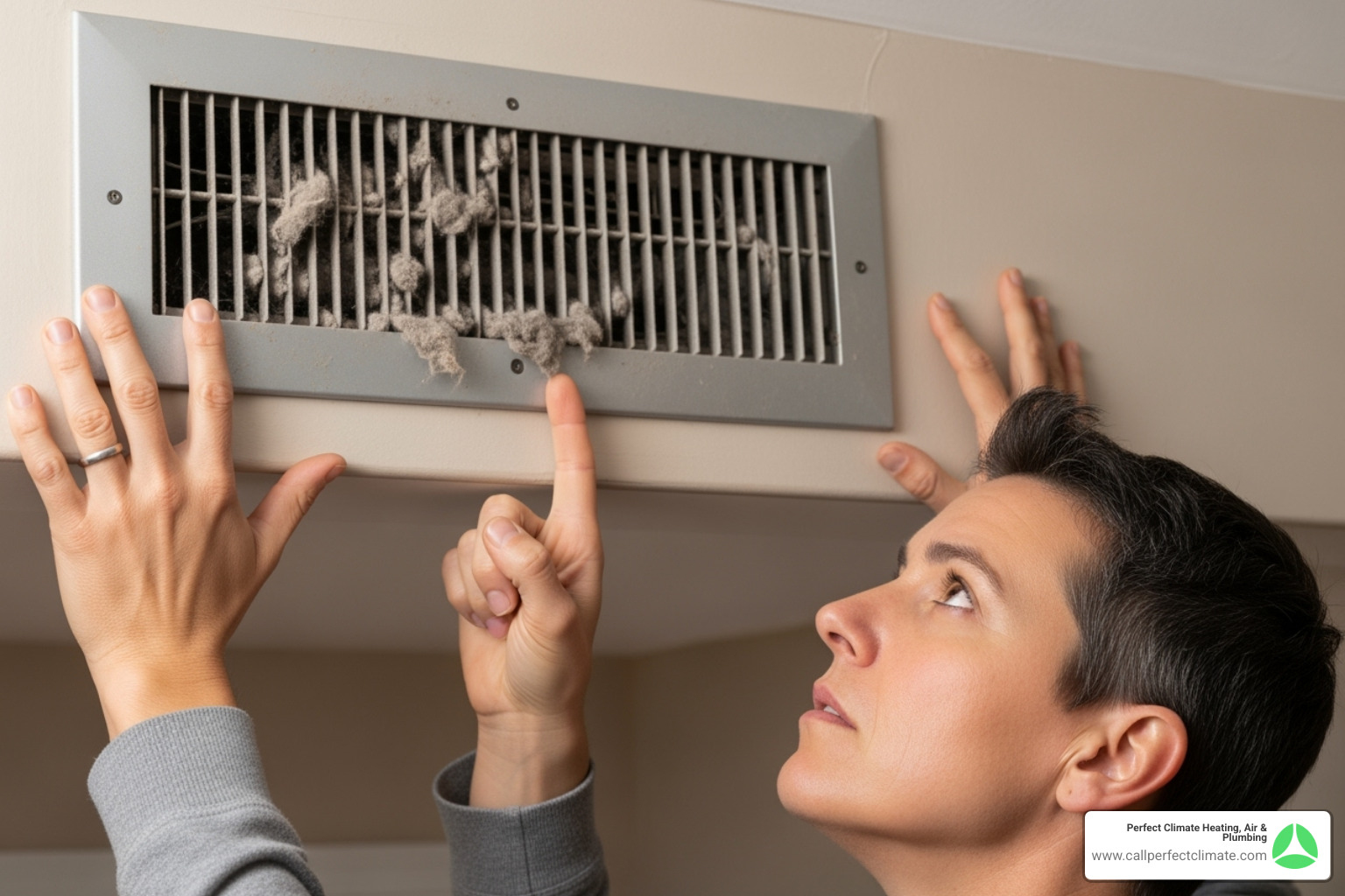 homeowner looking concerned at a dusty air vent - 24/7 air duct cleaning repair in boonville in