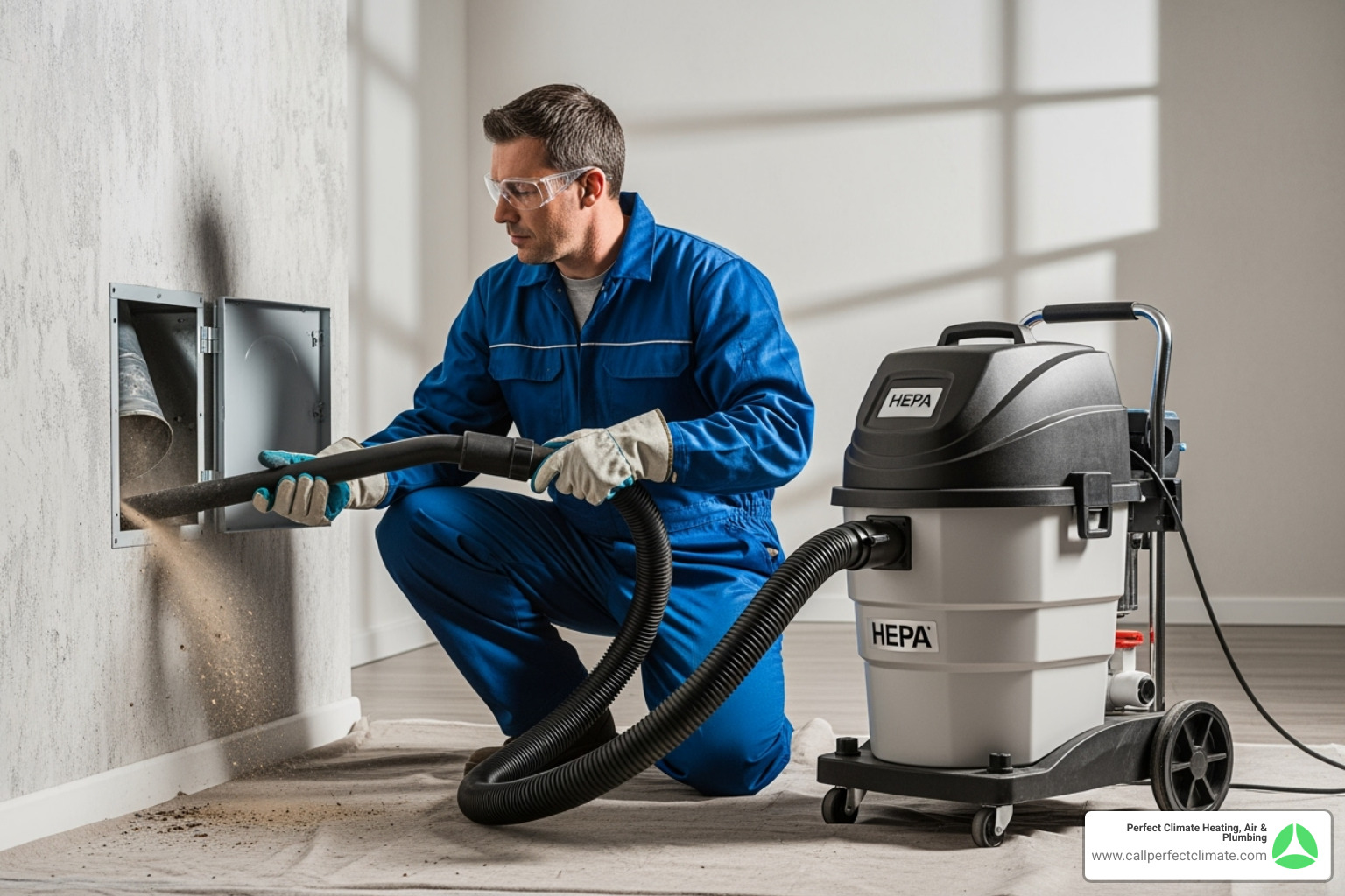 technician using a HEPA vacuum on a duct system - 24/7 air duct cleaning repair in boonville in