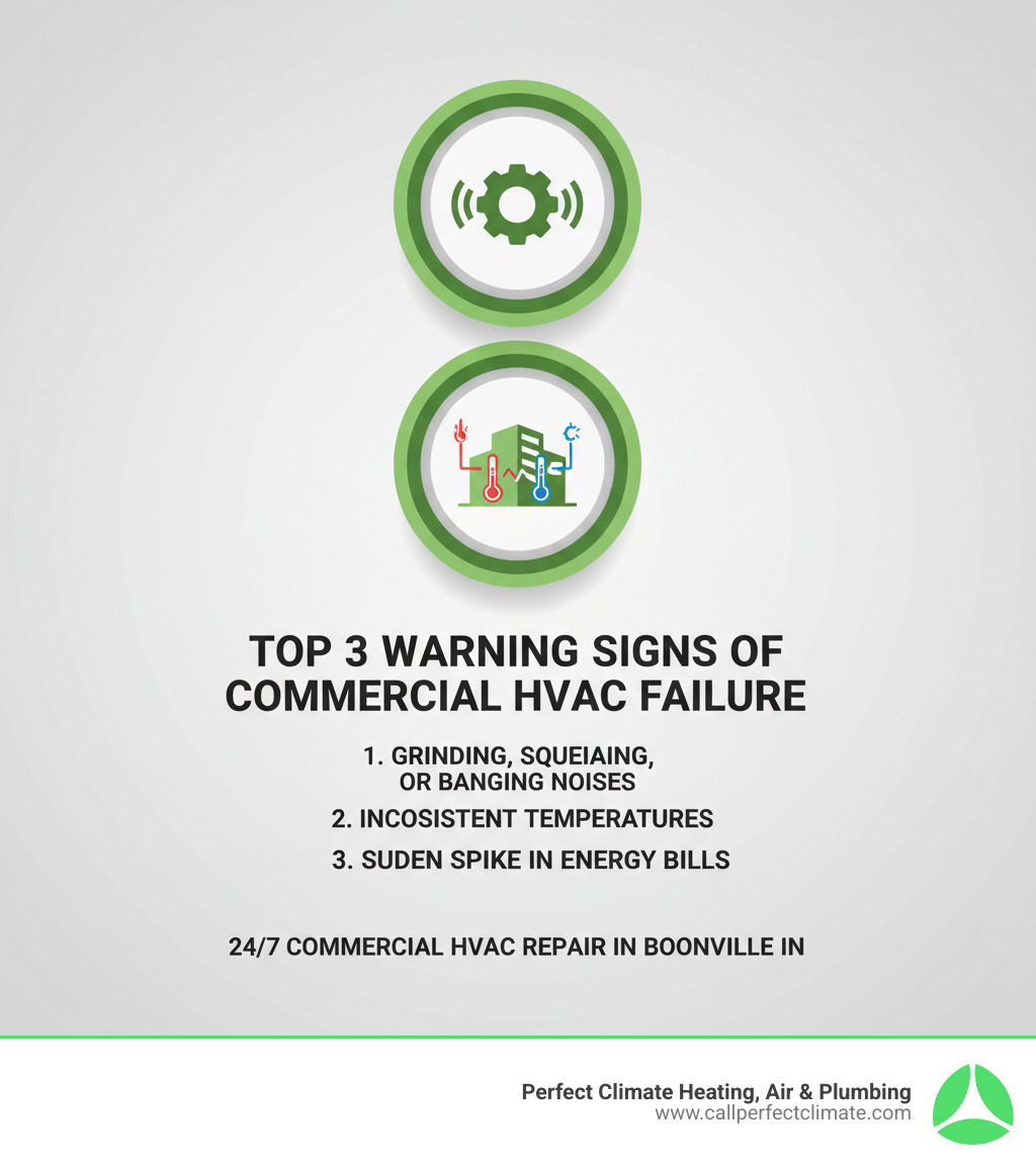 Infographic showing the top 3 warning signs of commercial HVAC failure: 1) System making grinding, squealing, or banging noises, 2) Inconsistent temperatures across different areas of your building, 3) Sudden spike in energy bills without increased usage - 24/7 commercial hvac repair in boonville in infographic Infographic showing the top 3 warning signs of commercial HVAC failure: 1) System making grinding, squealing, or banging noises, 2) Inconsistent temperatures across different areas of your building, 3) Sudden spike in energy bills without increased usage - 24/7 commercial hvac repair in boonville in infographic