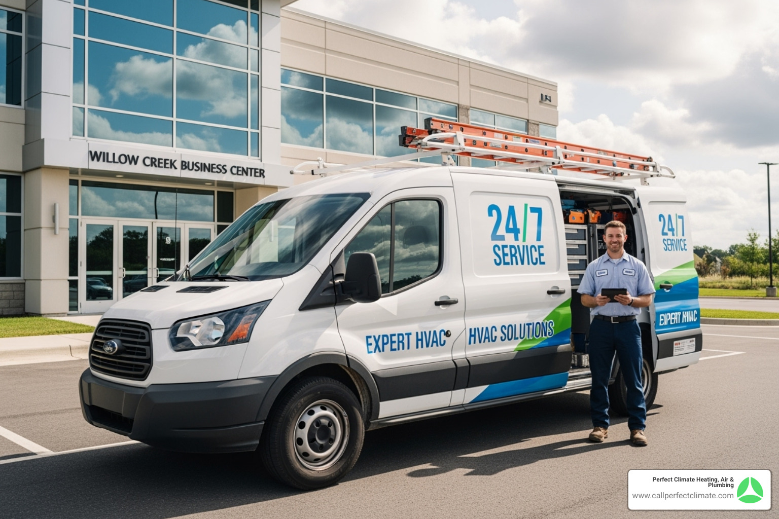friendly technician's van with "24/7 Service" branding - 24/7 commercial hvac repair in mount carmel il friendly technician's van with "24/7 Service" branding - 24/7 commercial hvac repair in mount carmel il