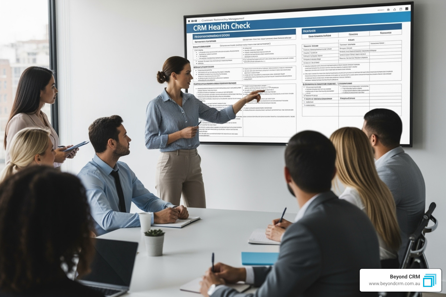 BeyondCRM consultant presenting a CRM health check report to a business team. - CRM health check BeyondCRM consultant presenting a CRM health check report to a business team. - CRM health check