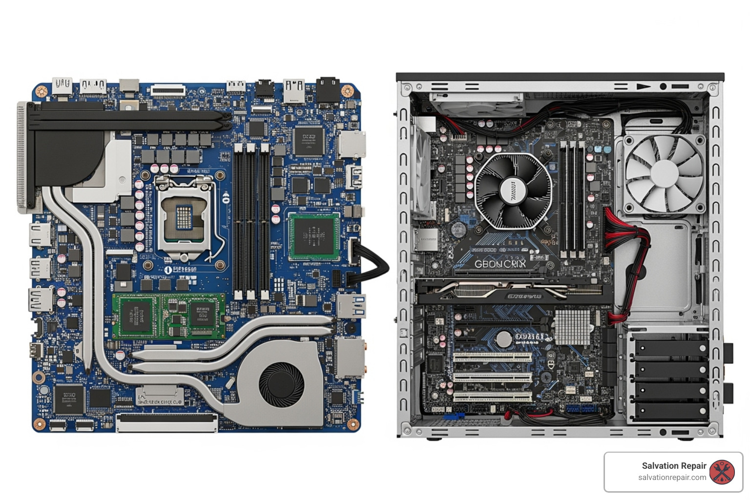compact internals of a gaming laptop next to a spacious desktop PC case - Gaming laptop repair