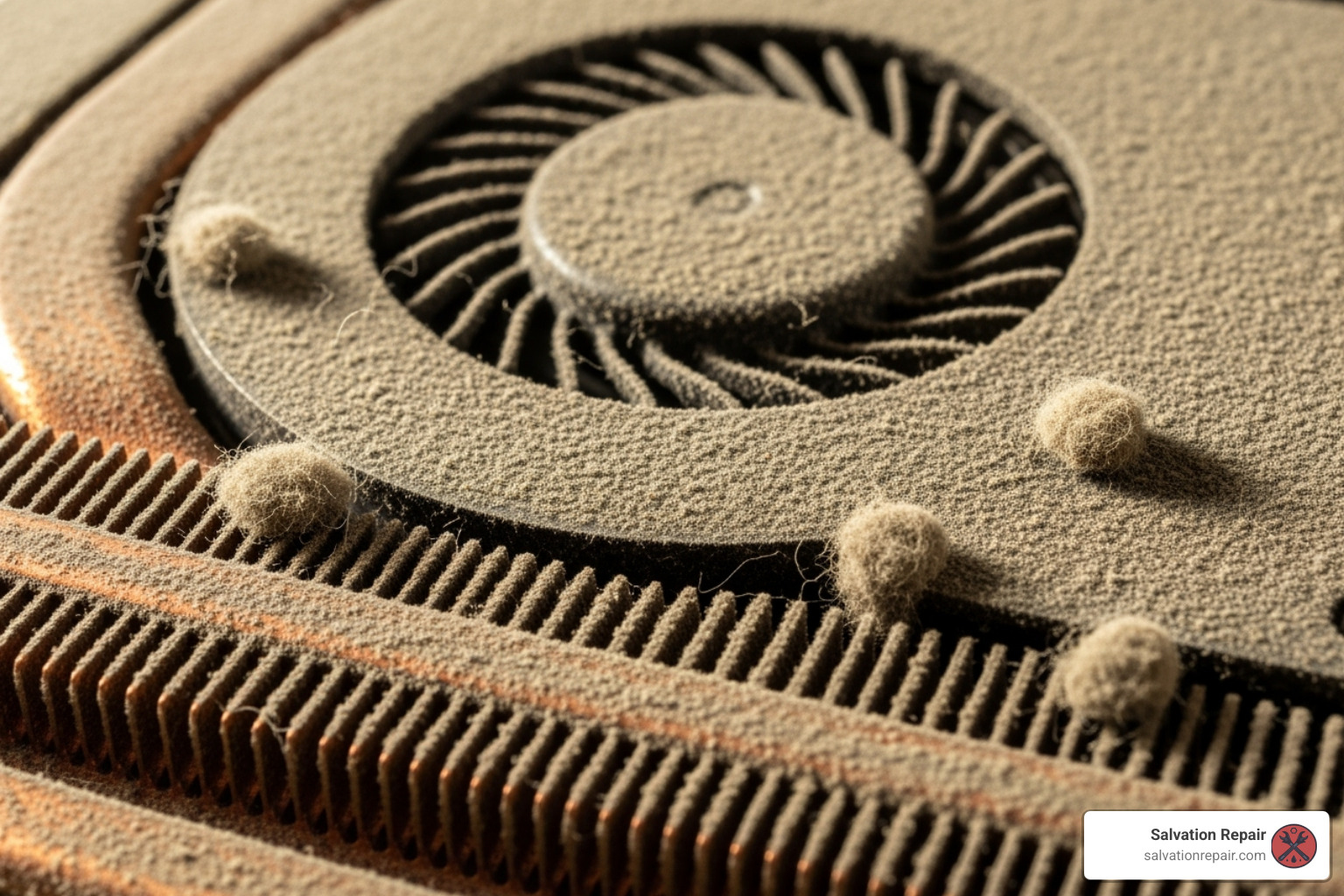 a dusty, clogged laptop fan and heatsink - Gaming laptop repair