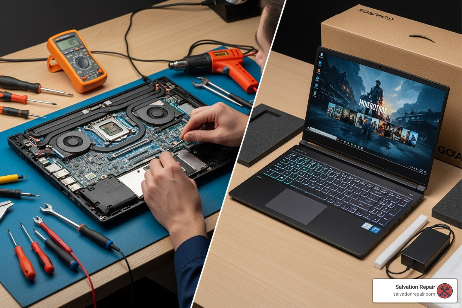 table comparing the average cost, time, and pros and cons of repairing a gaming laptop versus buying a new one - Gaming laptop repair