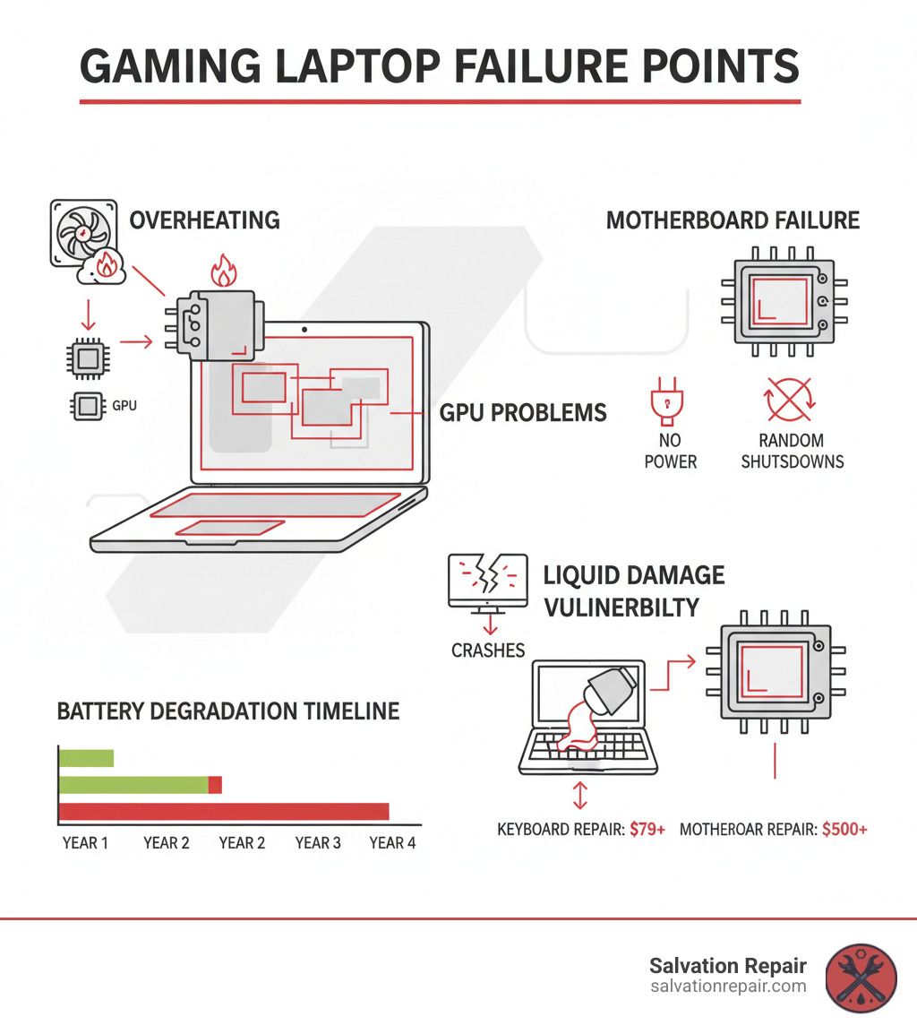 infographic showing common gaming laptop failure points including overheating issues with clogged fans and heatsinks, motherboard failure symptoms like no power and random shutdowns, GPU problems causing artifacts and crashes, battery degradation timeline, and liquid damage vulnerability areas with typical repair costs ranging from $79 for keyboard replacement to $500+ for motherboard repair - Gaming laptop repair infographic