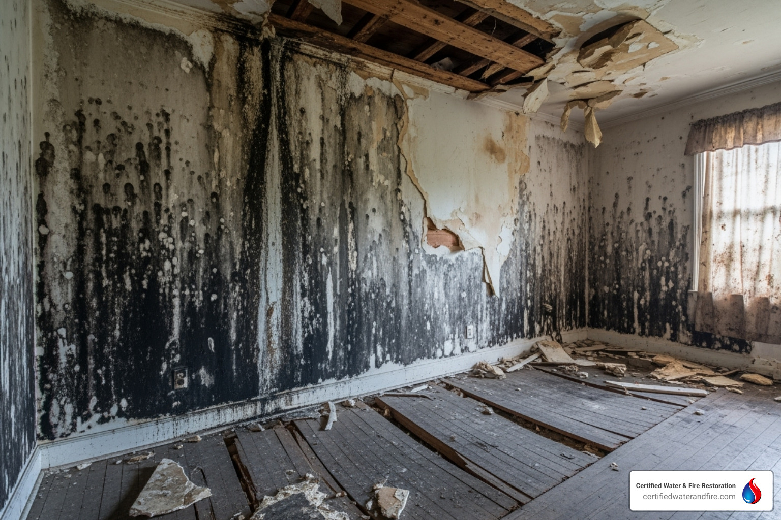 Infographic showing the progression of water damage over time: Hour 1 - Water spreads and saturates materials; Hours 2-24 - Drywall begins to swell, furniture warps, metal surfaces tarnish; 24-48 Hours - Mold and mildew growth begins, strong odors develop; 48+ Hours - Structural damage accelerates, mold spreads rapidly, restoration costs increase significantly; Week 1+ - Serious structural and health hazards, potential for demolition and extensive reconstruction - Emergency water company infographic 