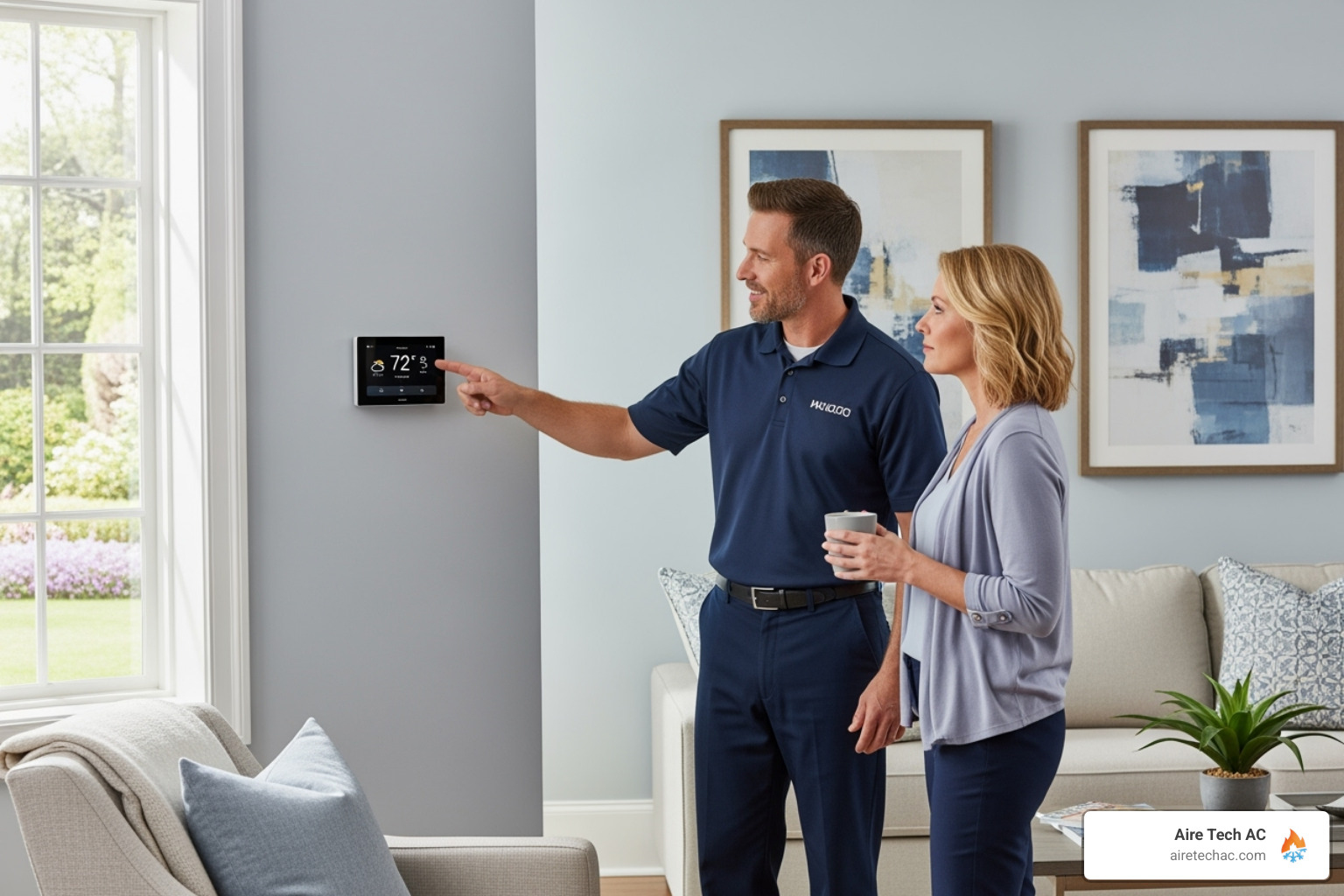 technician showing homeowner how to use a new smart thermostat - How to Prepare Your Home for a Smooth HVAC Installation Day