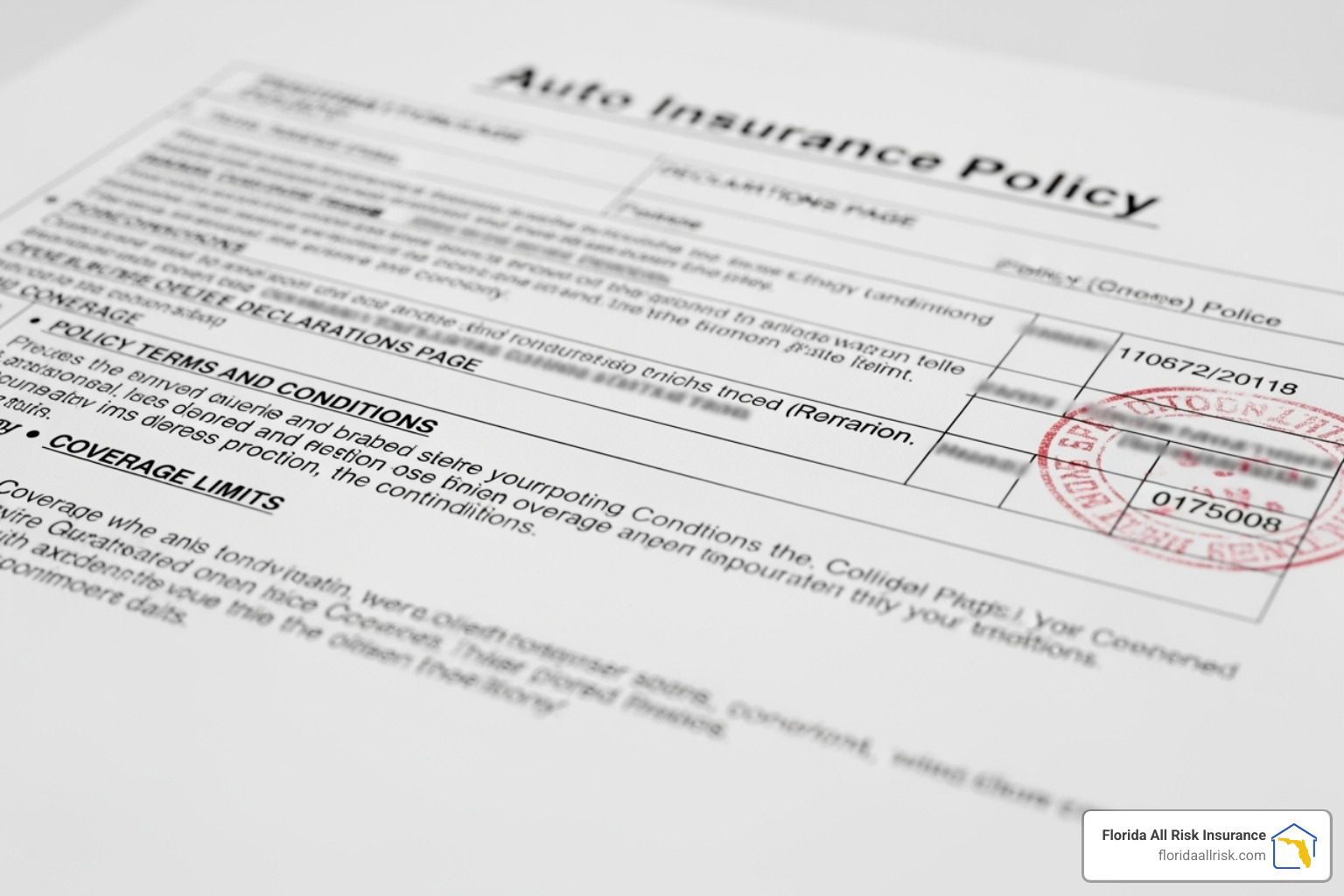 A close-up image of a generic auto insurance policy document with policy details blurred out, emphasizing the important legal nature of the document. - compare auto insurance quotes florida