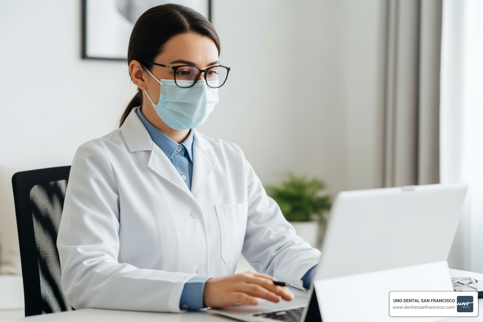 Person ready for a video call with dentist - dental appointment online Person ready for a video call with dentist - dental appointment online