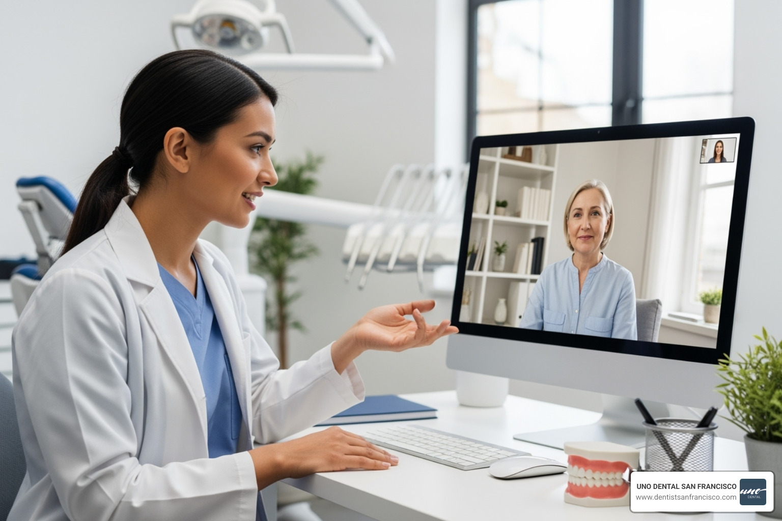 Dentist consulting with patient via video call - dental appointment online Dentist consulting with patient via video call - dental appointment online