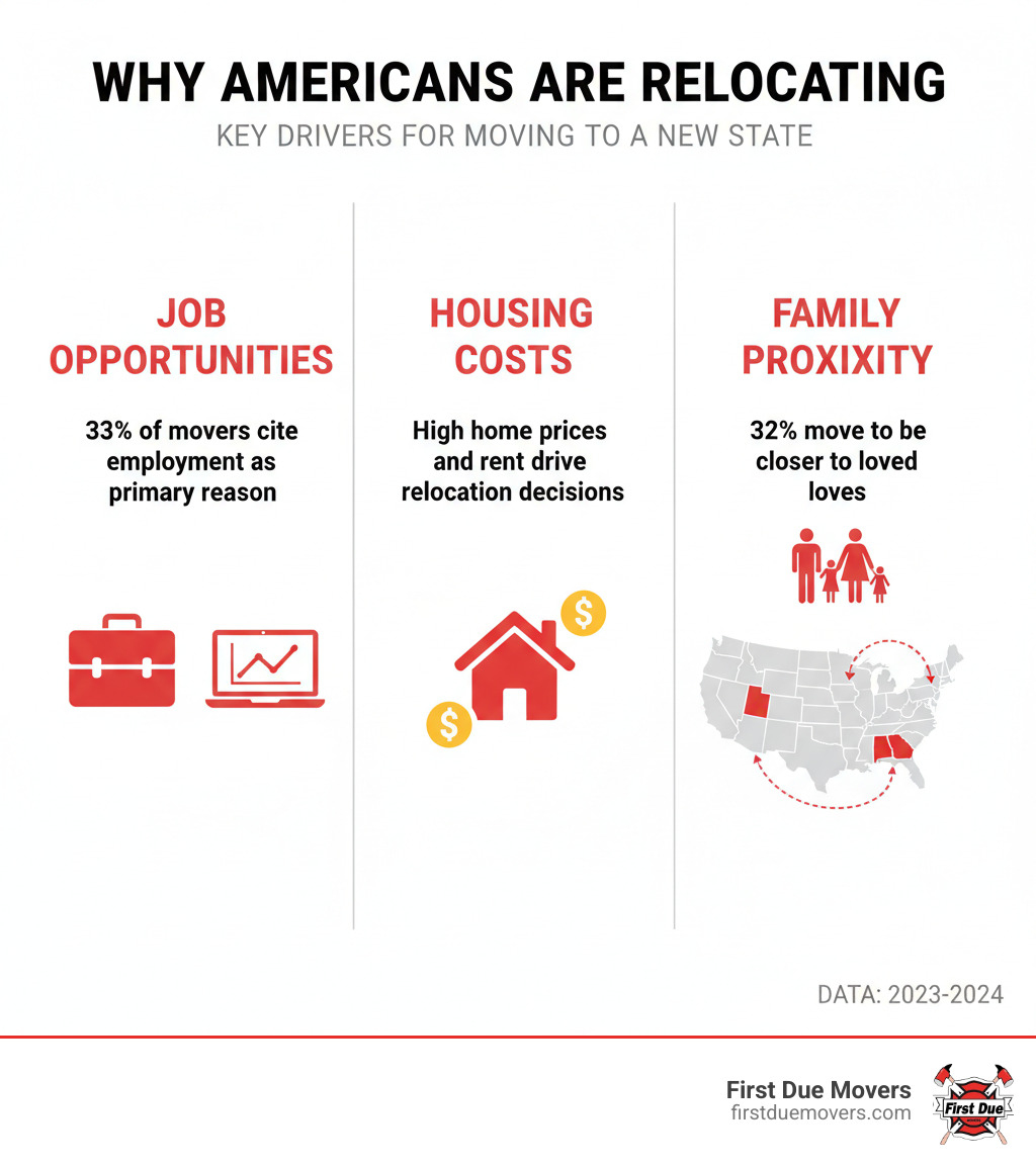 infographic showing three columns: 1) Job Opportunities - 33% of movers cite employment as primary reason, with icons of briefcase and laptop; 2) Housing Costs - High home prices and rent drive relocation decisions, showing house with dollar signs; 3) Family Proximity - 32% move to be closer to loved ones, with family icon and connecting lines between states - states moving out infographic infographic showing three columns: 1) Job Opportunities - 33% of movers cite employment as primary reason, with icons of briefcase and laptop; 2) Housing Costs - High home prices and rent drive relocation decisions, showing house with dollar signs; 3) Family Proximity - 32% move to be closer to loved ones, with family icon and connecting lines between states - states moving out infographic