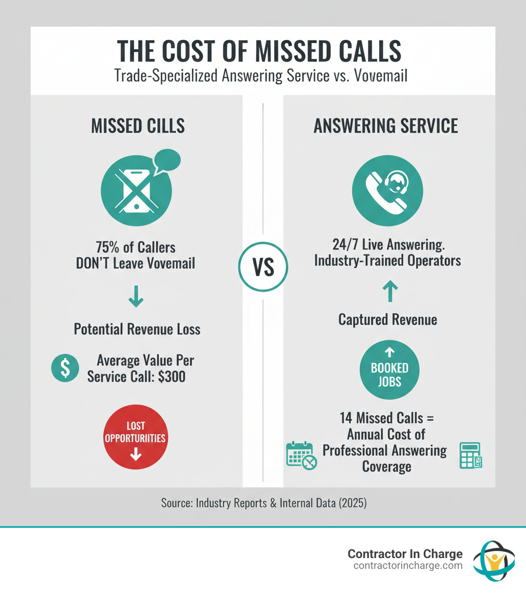 Infographic comparing the annual cost of missed calls versus a trade-specialized answering service, showing potential revenue loss from 75% of callers not leaving voicemail, average value per service call, and how many missed opportunities equal the annual cost of professional answering coverage - tradespecialized answering service infographic 
