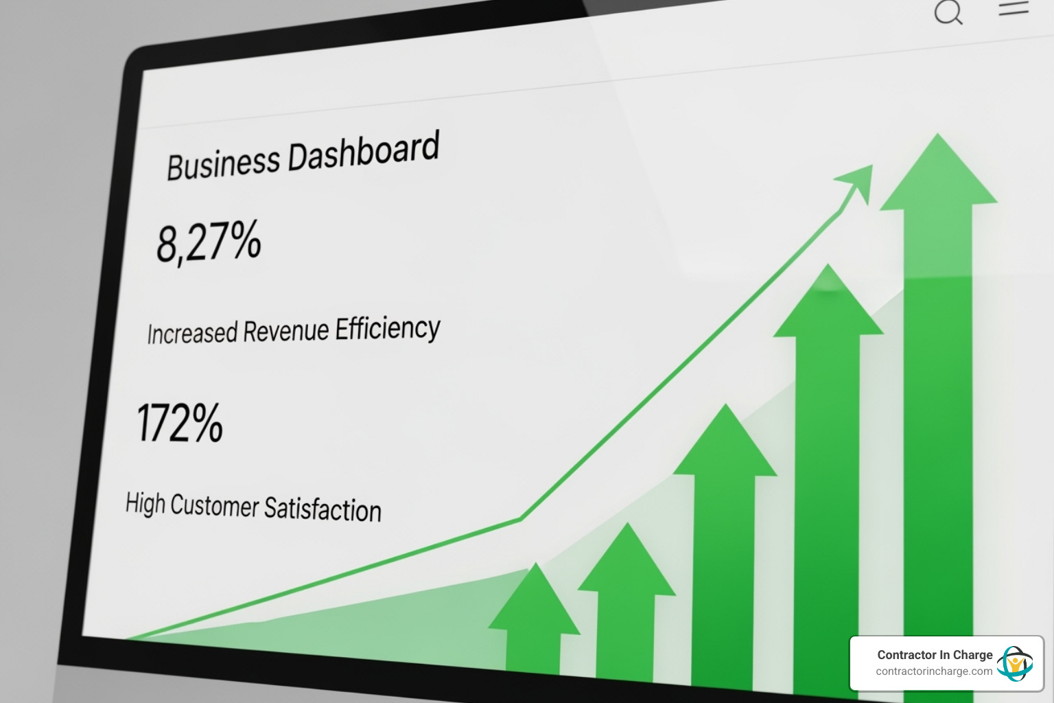 A clear dashboard displaying positive business KPIs such as increased revenue, improved efficiency, and high customer satisfaction scores, with green upward trending arrows and clear, concise metrics. - fieldedge software consulting A clear dashboard displaying positive business KPIs such as increased revenue, improved efficiency, and high customer satisfaction scores, with green upward trending arrows and clear, concise metrics. - fieldedge software consulting