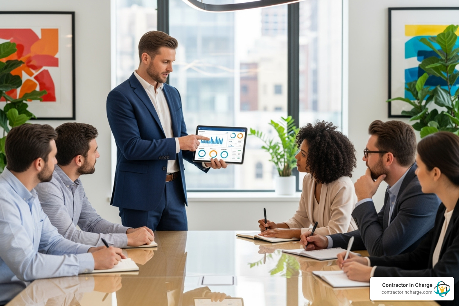 A consultant collaborating with a small business team, pointing at a tablet screen displaying FieldEdge software. The team members are engaged and taking notes. - fieldedge software consulting A consultant collaborating with a small business team, pointing at a tablet screen displaying FieldEdge software. The team members are engaged and taking notes. - fieldedge software consulting