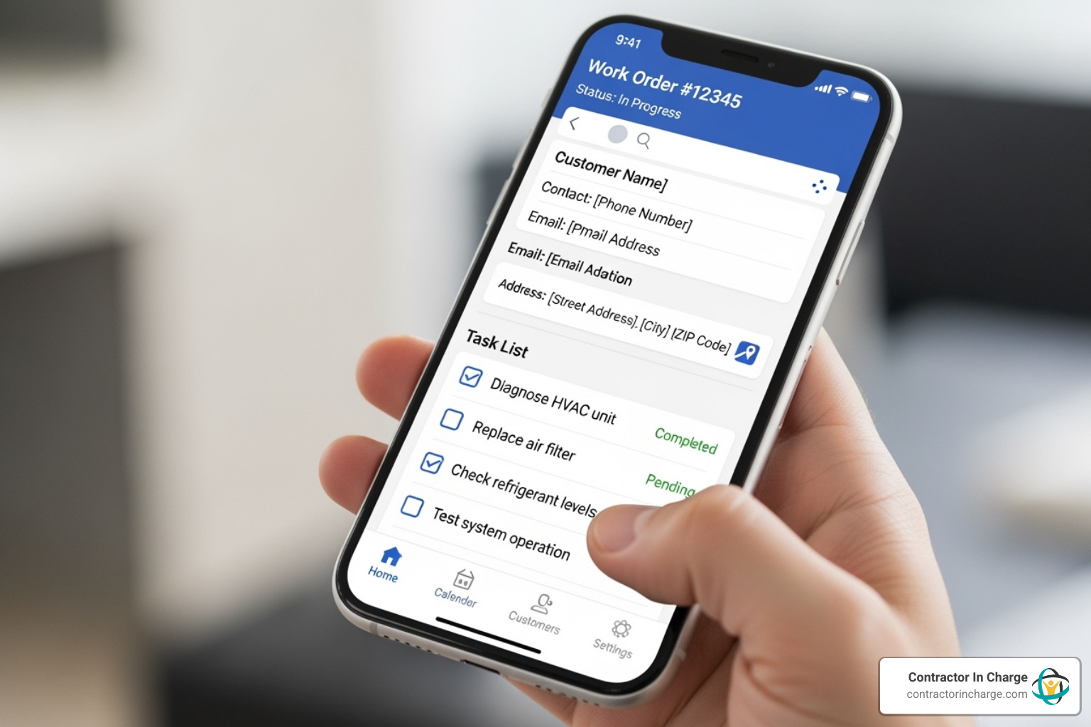A smartphone displaying the FieldEdge mobile app, showing a work order with details like customer name, service address, and task list. The interface is clean and user-friendly. - fieldedge software consulting A smartphone displaying the FieldEdge mobile app, showing a work order with details like customer name, service address, and task list. The interface is clean and user-friendly. - fieldedge software consulting
