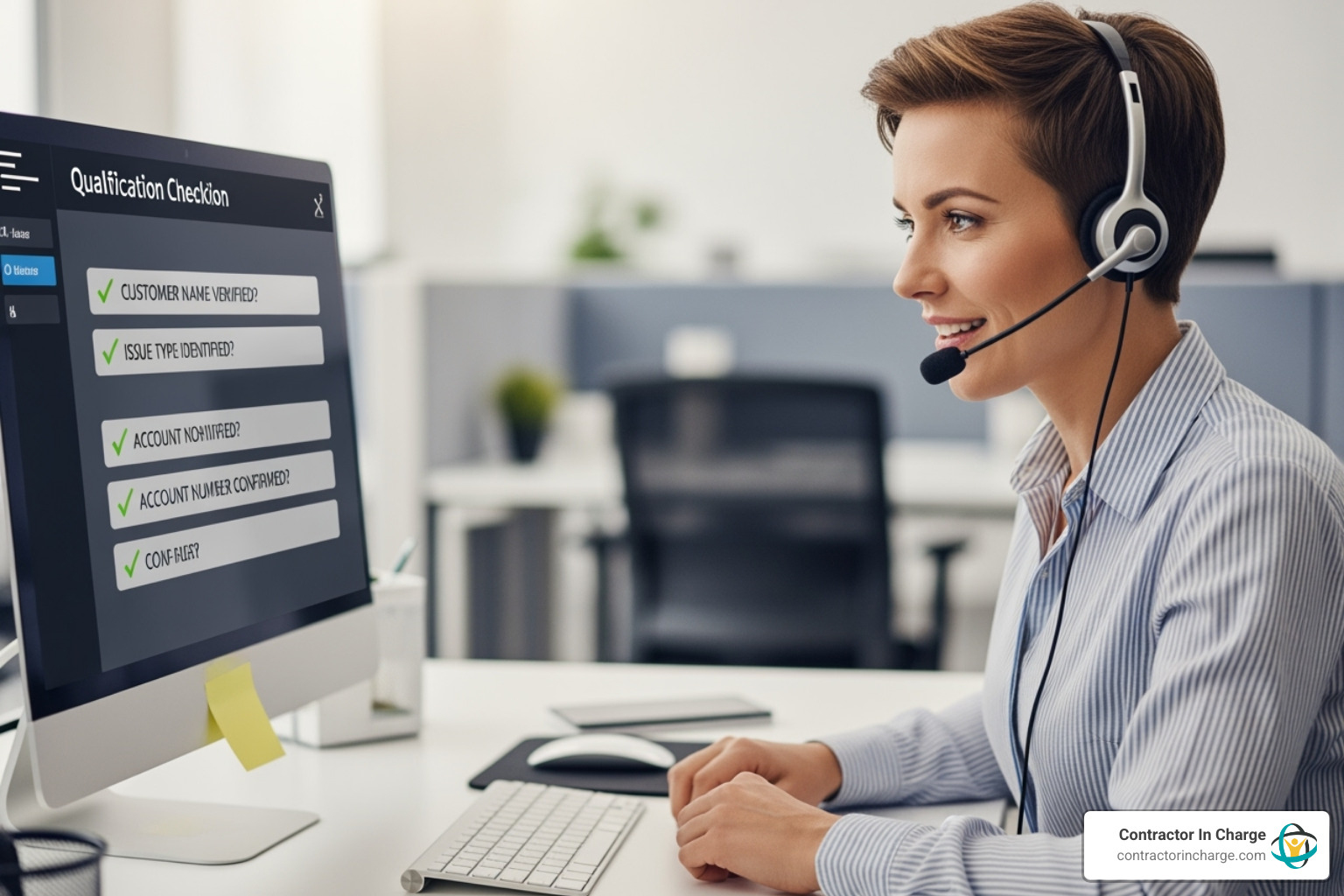 A customer service representative actively listening on a phone call, with a digital checklist on a computer screen showing qualification questions. - lead qualification for hvac contractors A customer service representative actively listening on a phone call, with a digital checklist on a computer screen showing qualification questions. - lead qualification for hvac contractors