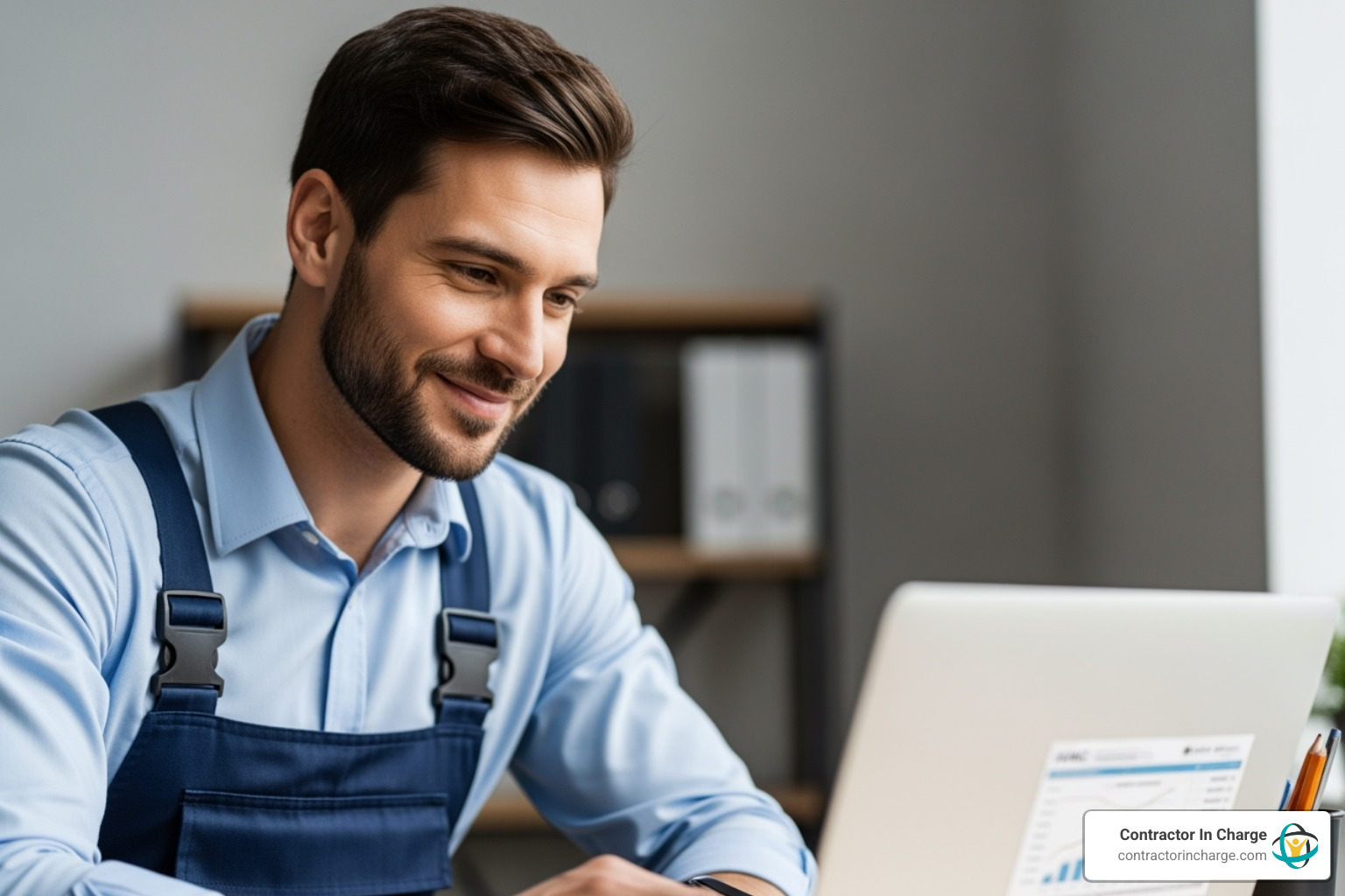 HVAC business owner confidently reviewing positive financial reports on a laptop - hvac bookkeeping service contractor HVAC business owner confidently reviewing positive financial reports on a laptop - hvac bookkeeping service contractor
