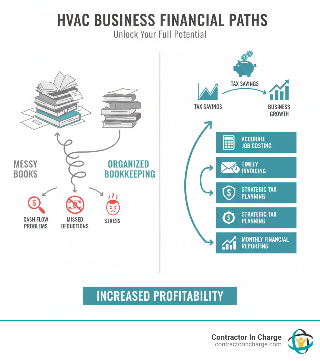 Infographic showing two paths: messy books leading to cash flow problems, missed deductions, and stress versus organized bookkeeping leading to tax savings, steady cash flow, and business growth. The organized path shows key steps including accurate job costing, timely invoicing, strategic tax planning, and monthly financial reporting resulting in increased profitability. - hvac bookkeeping service contractor infographic Infographic showing two paths: messy books leading to cash flow problems, missed deductions, and stress versus organized bookkeeping leading to tax savings, steady cash flow, and business growth. The organized path shows key steps including accurate job costing, timely invoicing, strategic tax planning, and monthly financial reporting resulting in increased profitability. - hvac bookkeeping service contractor infographic