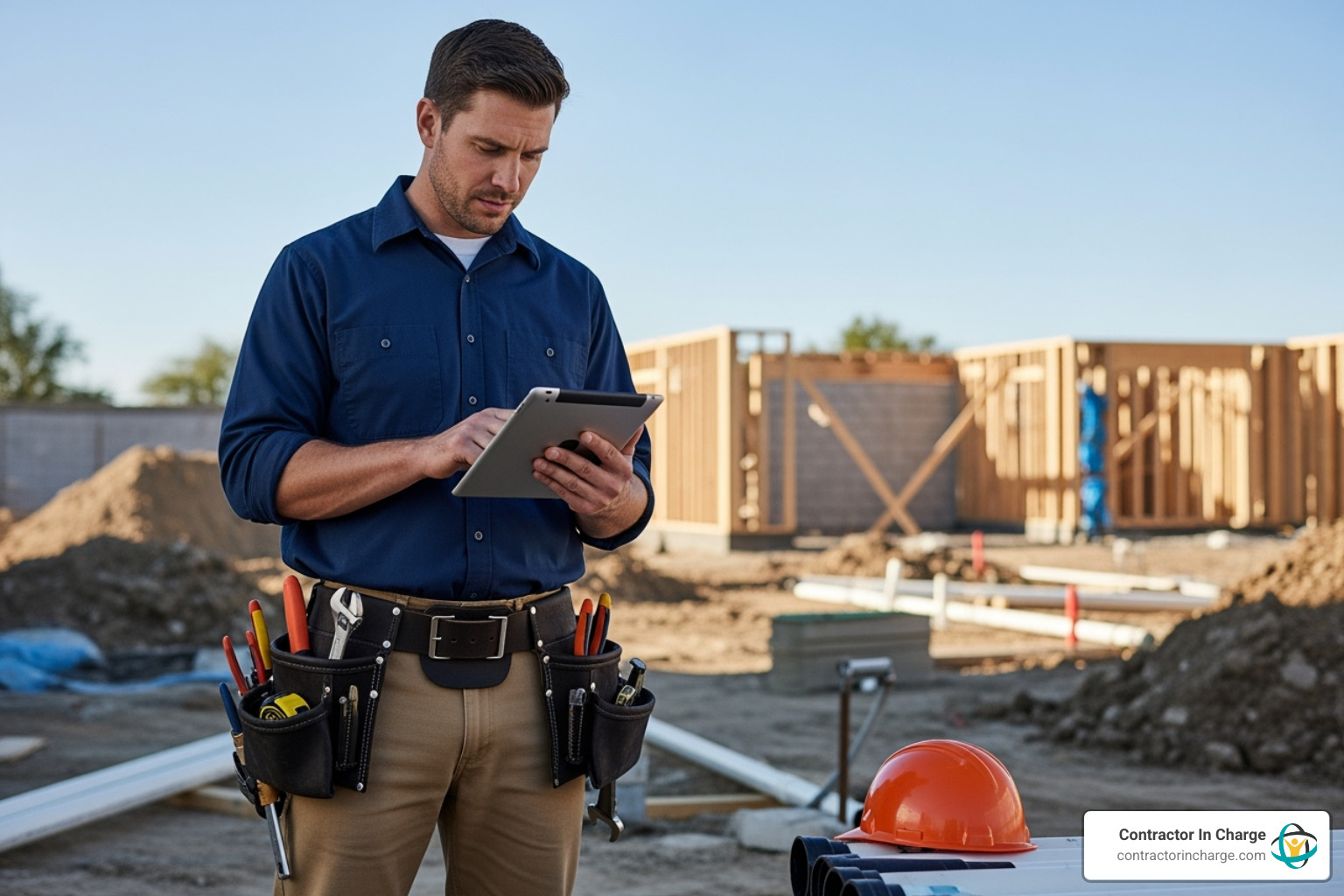 technician using a tablet in the field to view job details - dispatch support for plumbing companies technician using a tablet in the field to view job details - dispatch support for plumbing companies