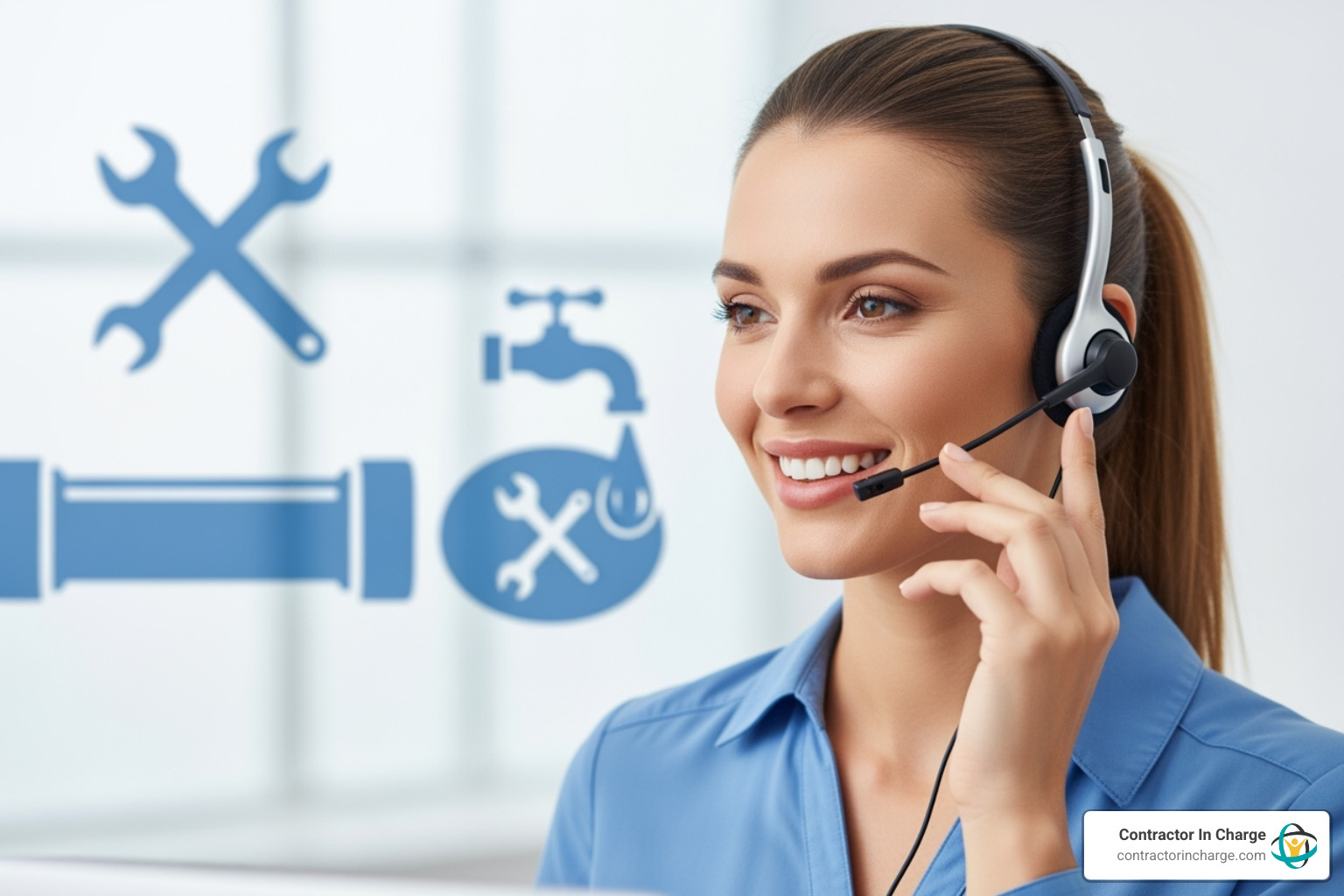 friendly virtual receptionist answering a call for a plumbing company - outsourcing scalable back office