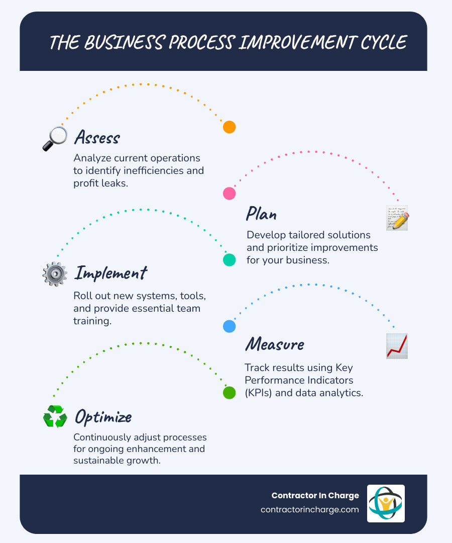 Infographic showing the business process improvement cycle: Step 1 - Assess current operations and identify inefficiencies; Step 2 - Plan tailored solutions and prioritize improvements; Step 3 - Implement new systems, tools, and training; Step 4 - Measure results using KPIs and adjust for continuous improvement - business process consulting for contractors infographic infographic-line-5-steps-blues-accent_colors