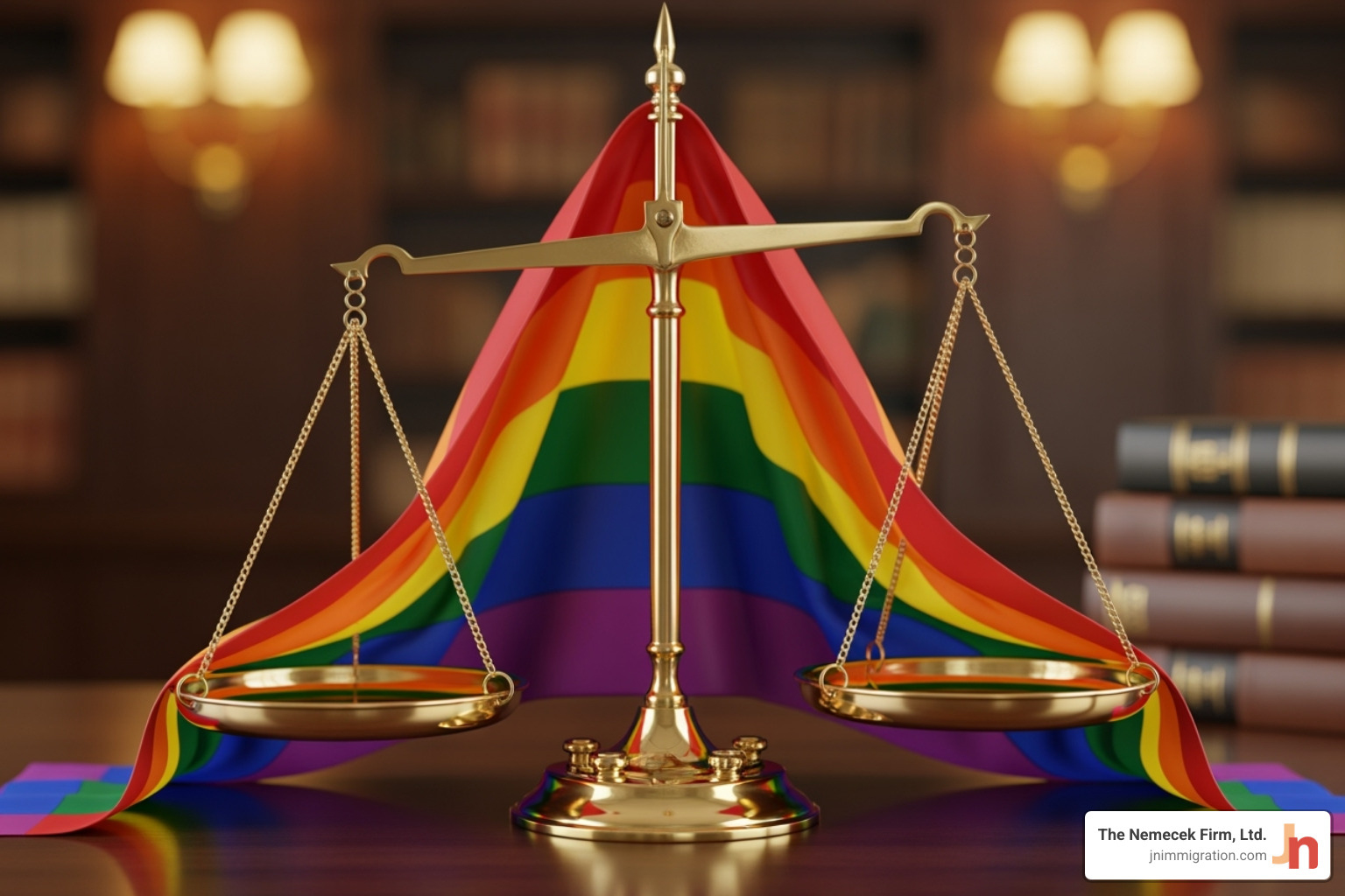 Pride flag with legal scale - asylum immigration lawyer