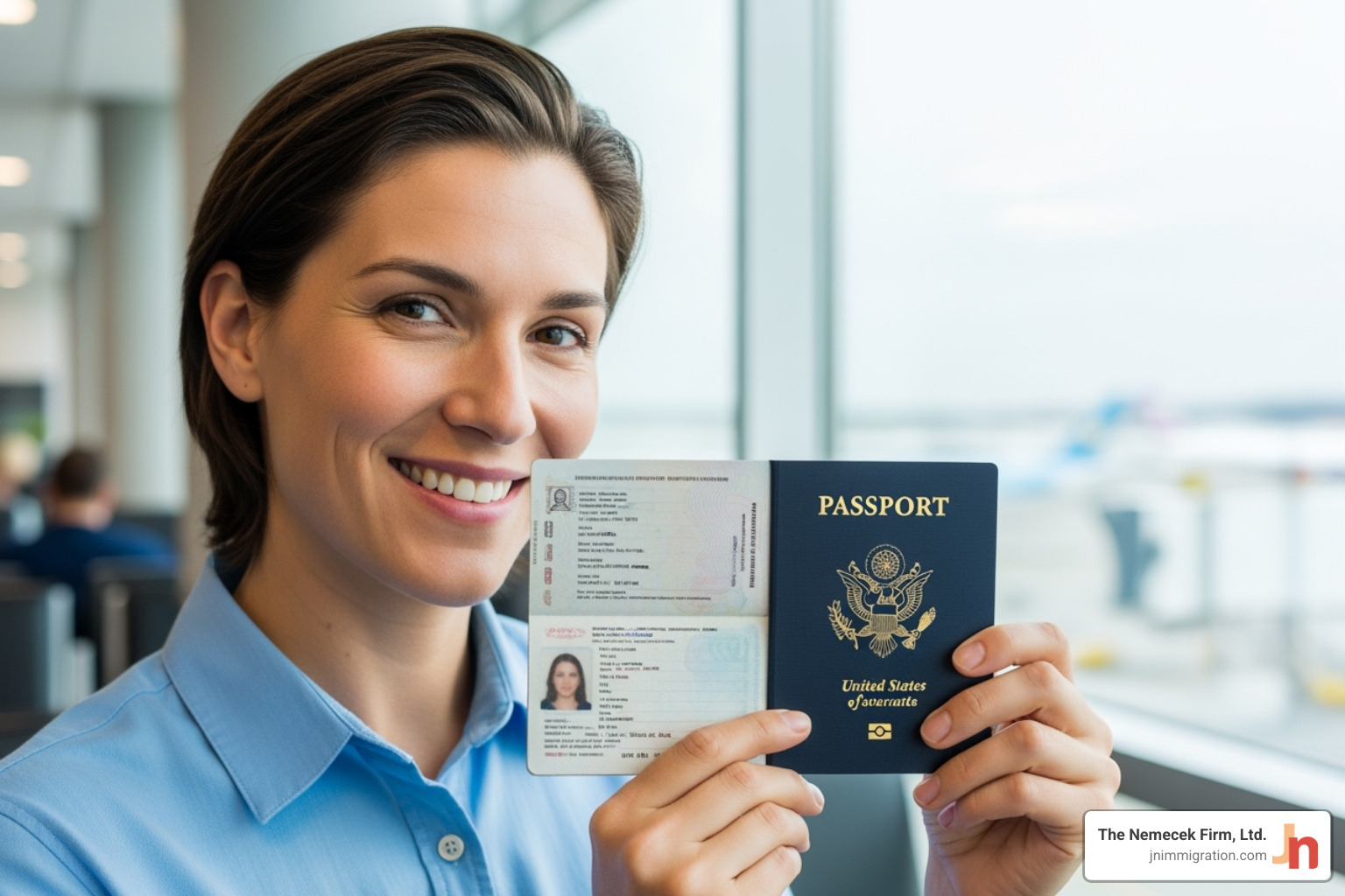person smiling with US passport - immigration lawyer for green card