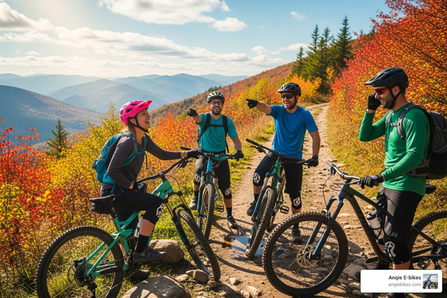 group of friends laughing together on a trail with their bikes - mountain bikes group of friends laughing together on a trail with their bikes - mountain bikes