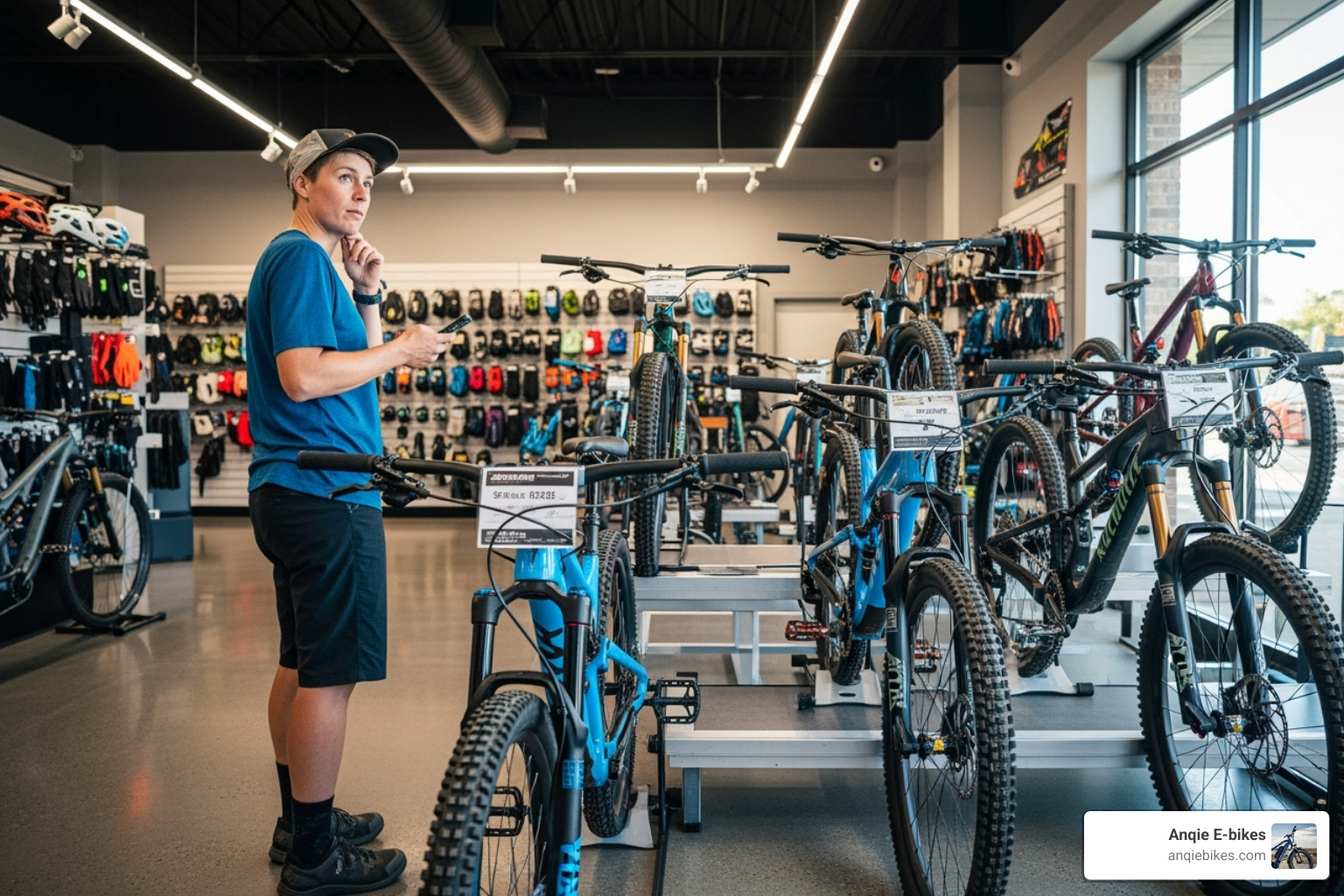 person looking at a selection of mountain bikes in a shop - mountain bikes person looking at a selection of mountain bikes in a shop - mountain bikes